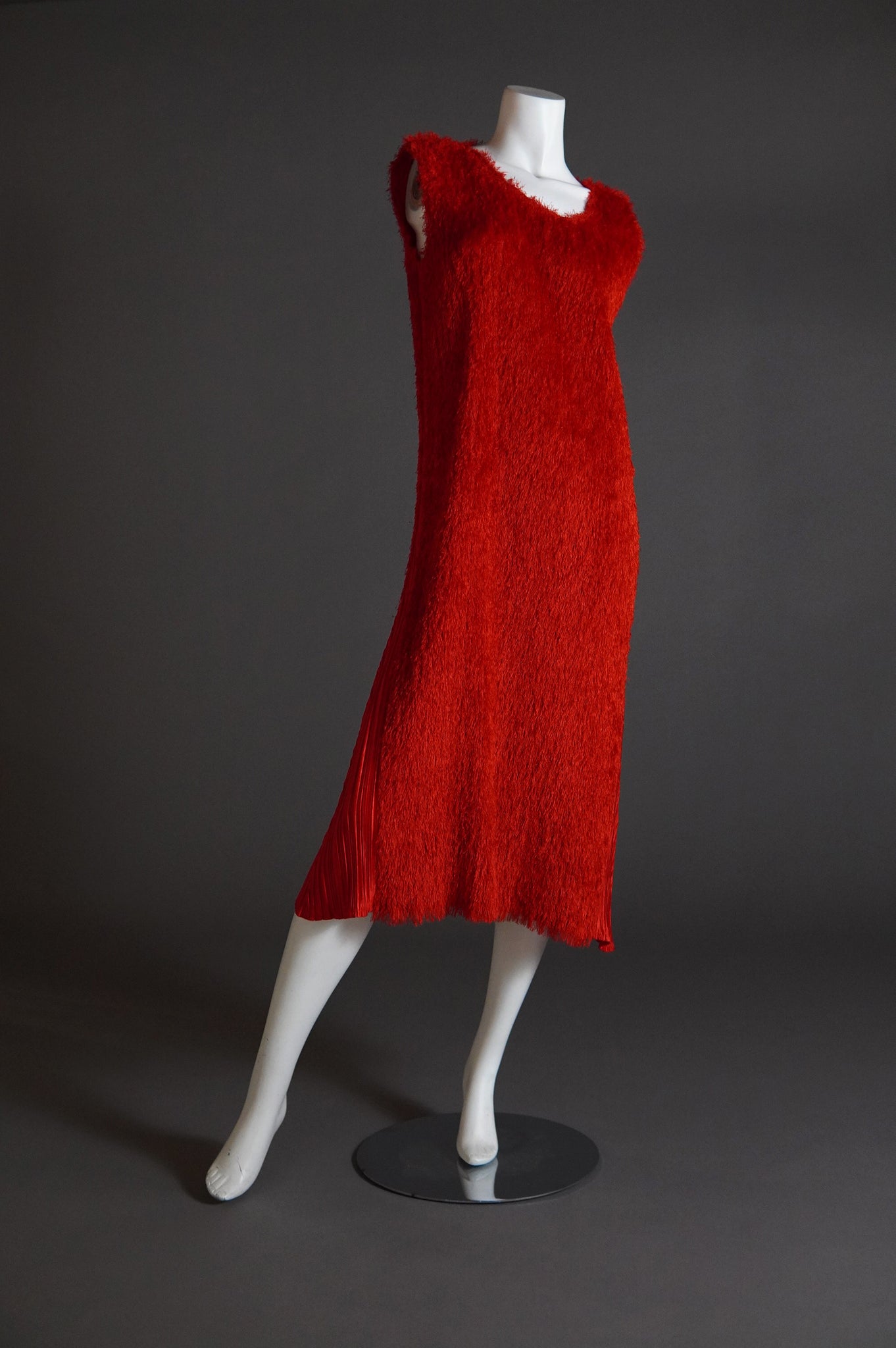 Issey Miyake Pleats Please shaggy red fur set with cardigan and shift dress - L/XL/XXL