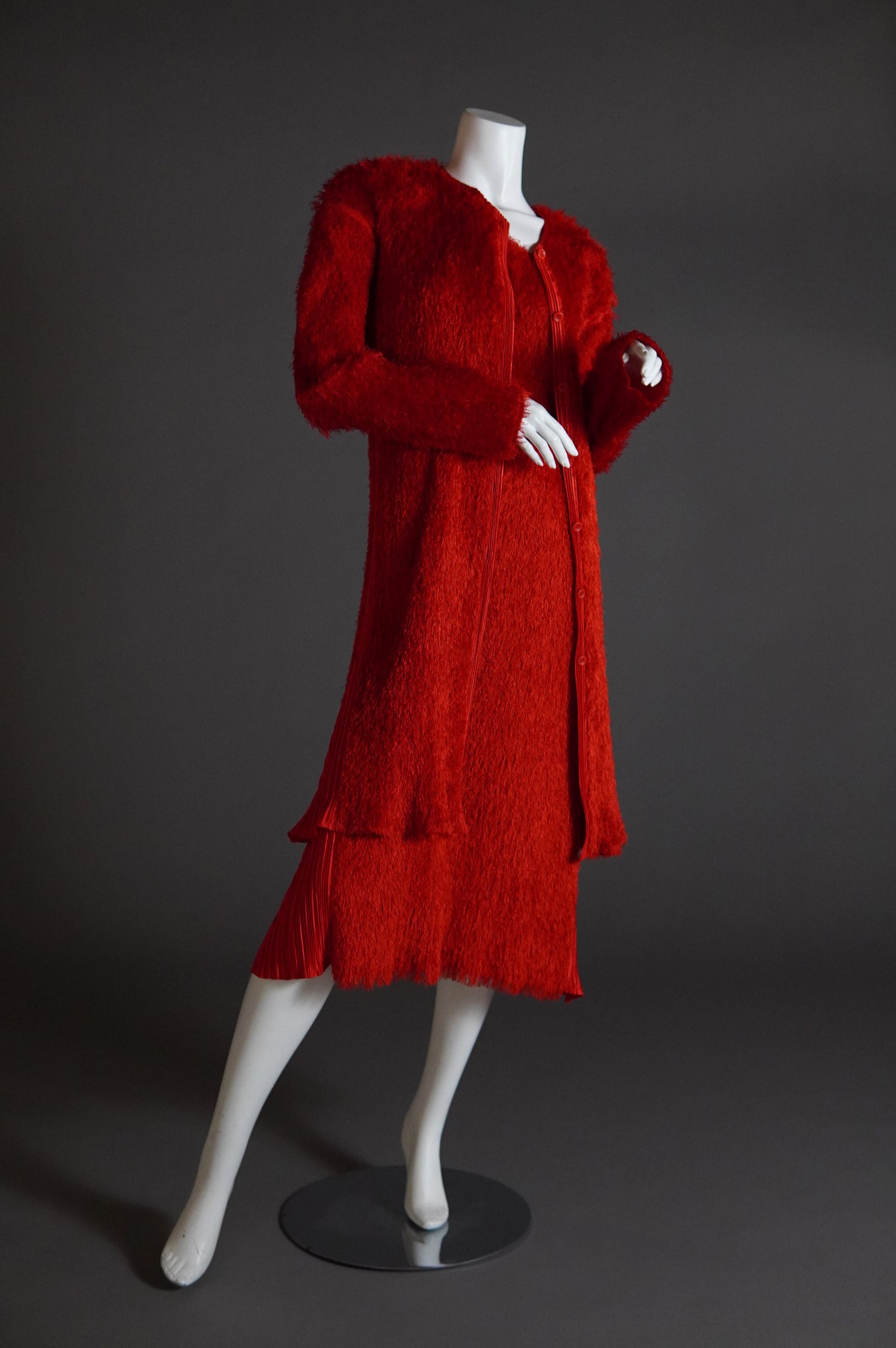 Issey Miyake Pleats Please shaggy red fur set with cardigan and shift dress - L/XL/XXL