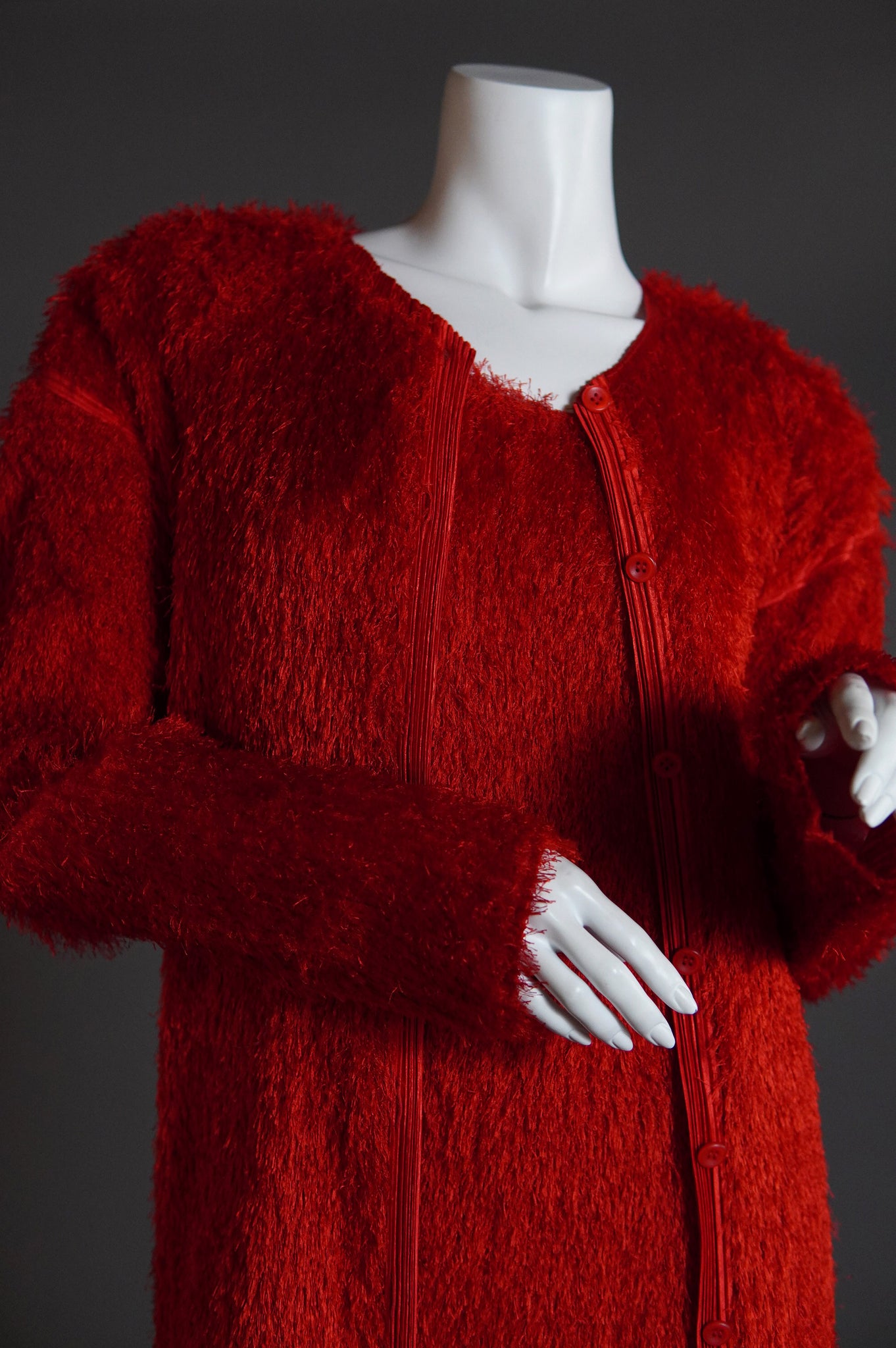 Issey Miyake Pleats Please shaggy red fur set with cardigan and shift dress - L/XL/XXL