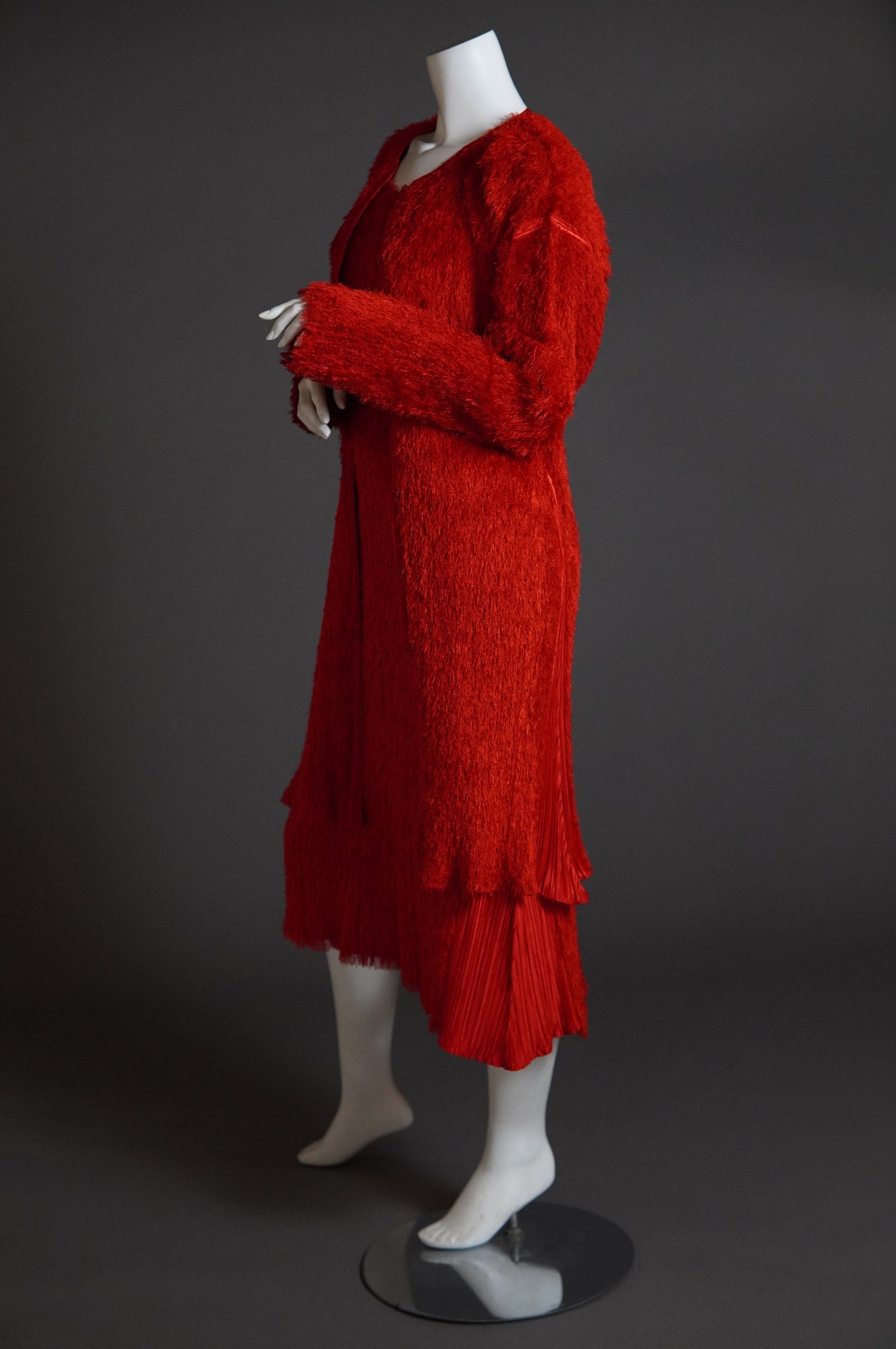 Issey Miyake Pleats Please shaggy red fur set with cardigan and shift dress - L/XL/XXL