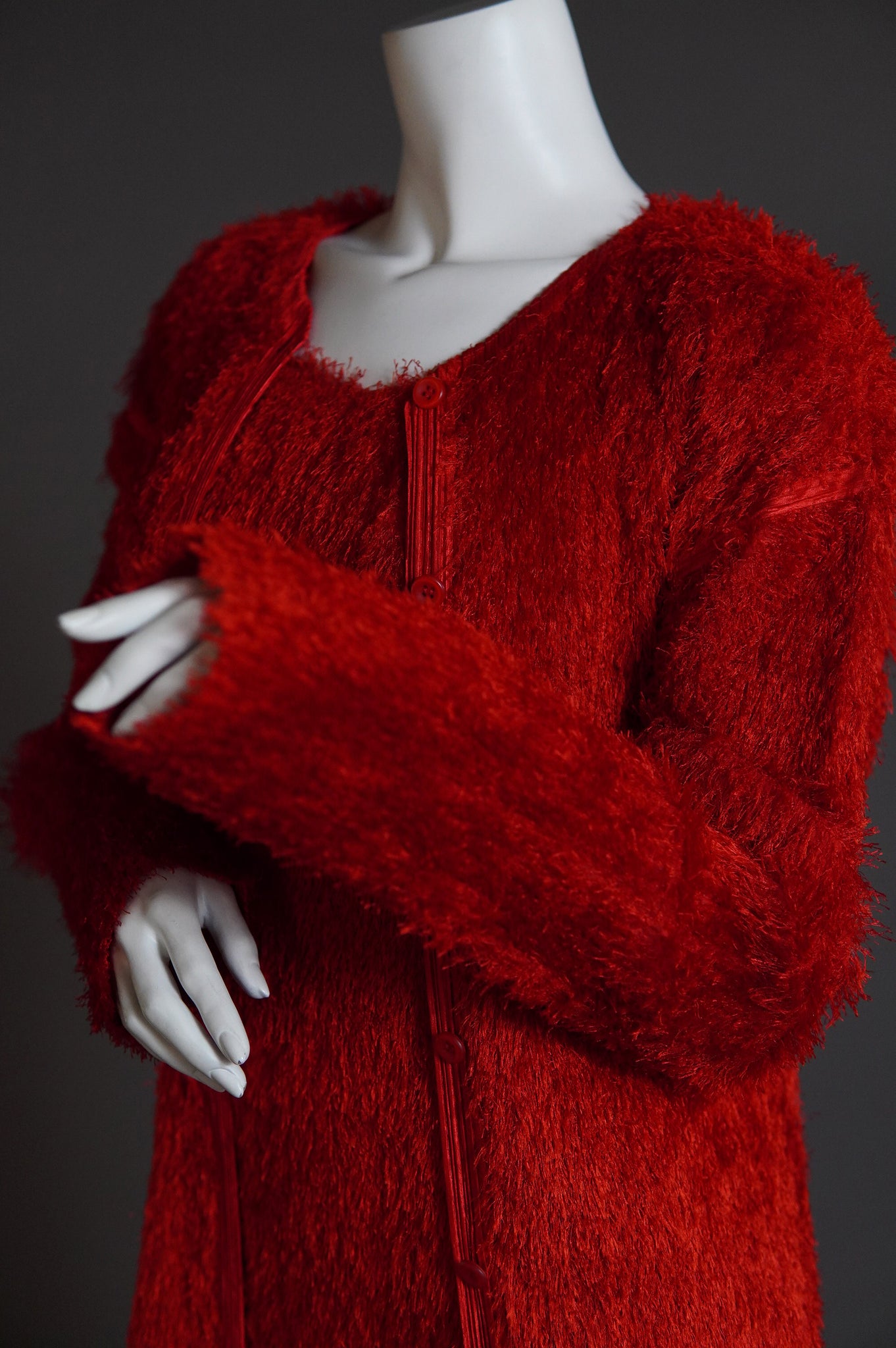 Issey Miyake Pleats Please shaggy red fur set with cardigan and shift dress - L/XL/XXL