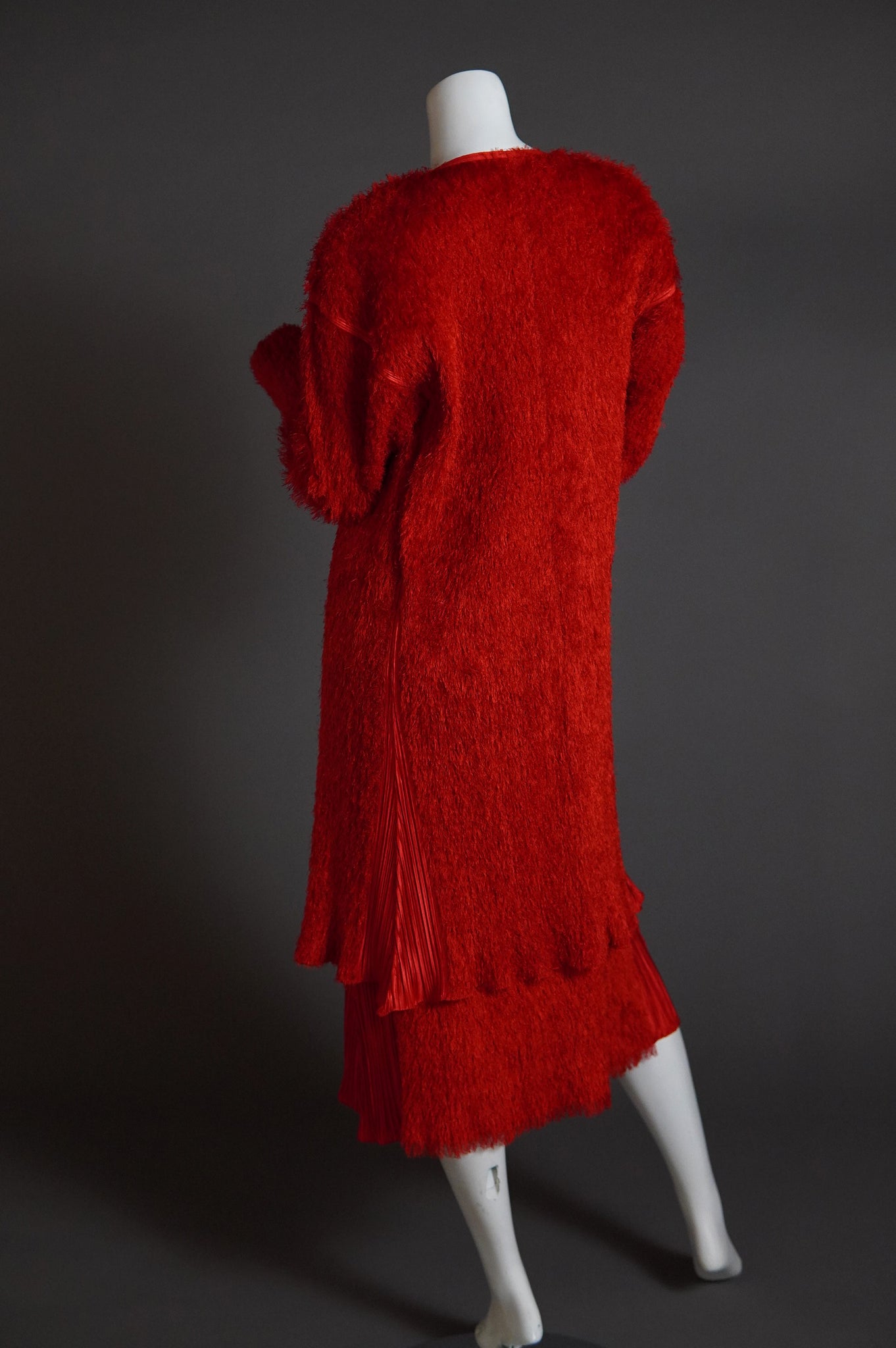 Issey Miyake Pleats Please shaggy red fur set with cardigan and shift dress - L/XL/XXL