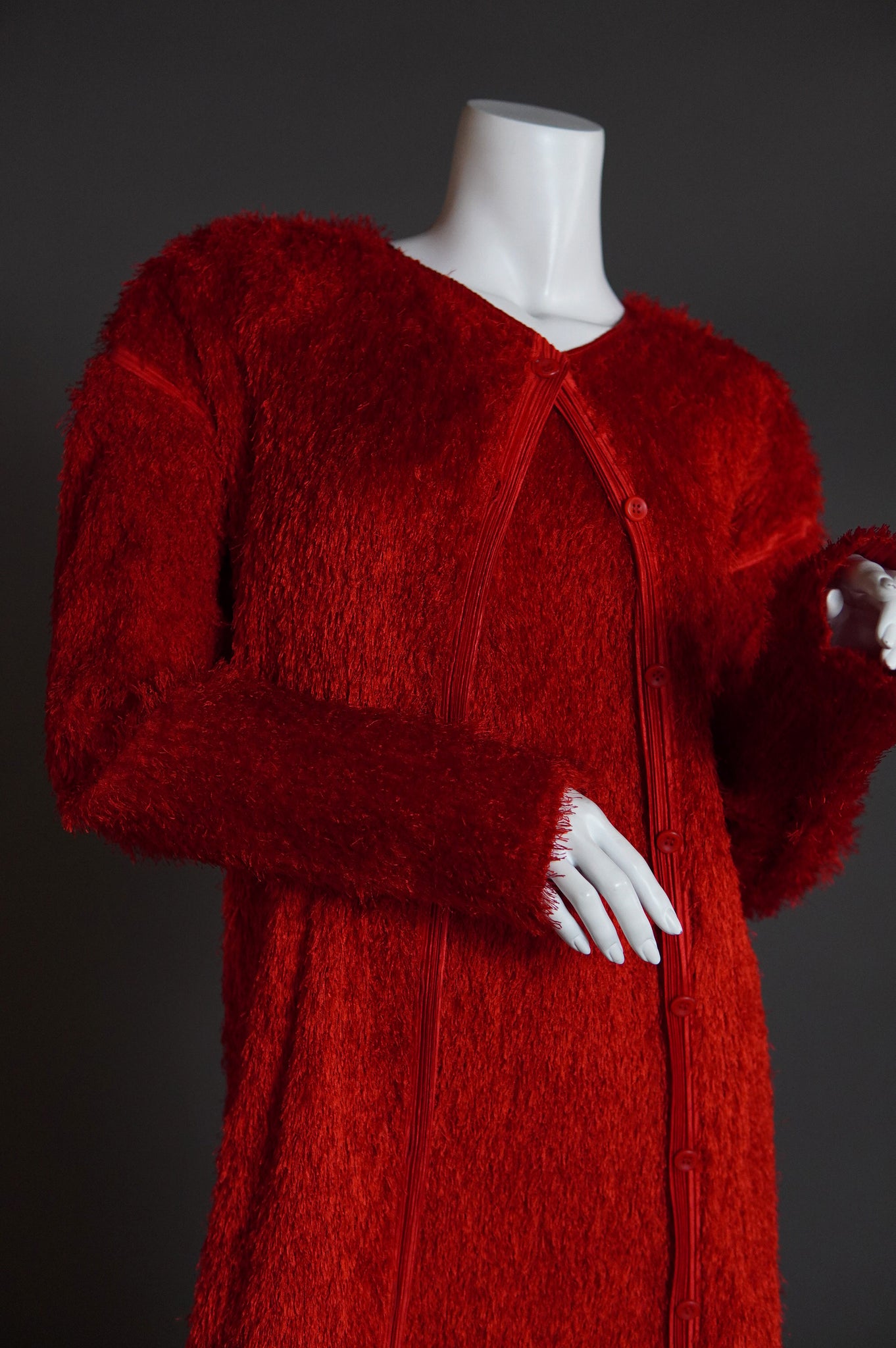 Issey Miyake Pleats Please shaggy red fur set with cardigan and shift dress - L/XL/XXL