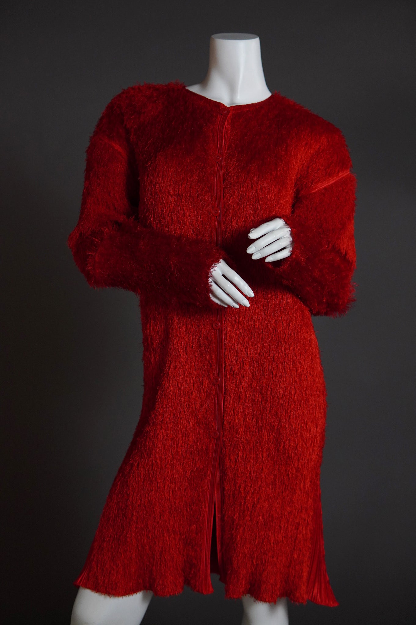 Issey Miyake Pleats Please shaggy red fur set with cardigan and shift dress - L/XL/XXL