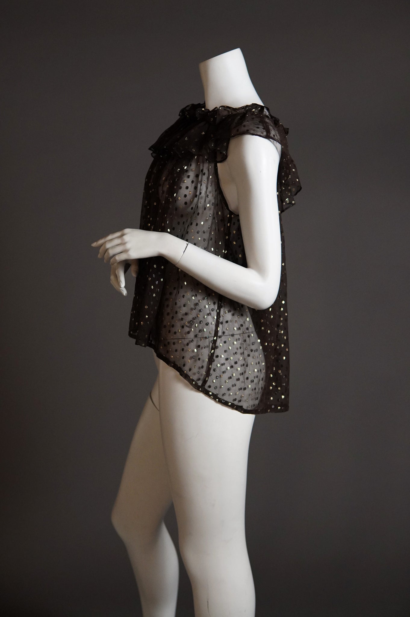 F/W 1978 Yves Saint Laurent Rive Gauche sheer ruffle blouse with metallic polka dot - XS/S/M