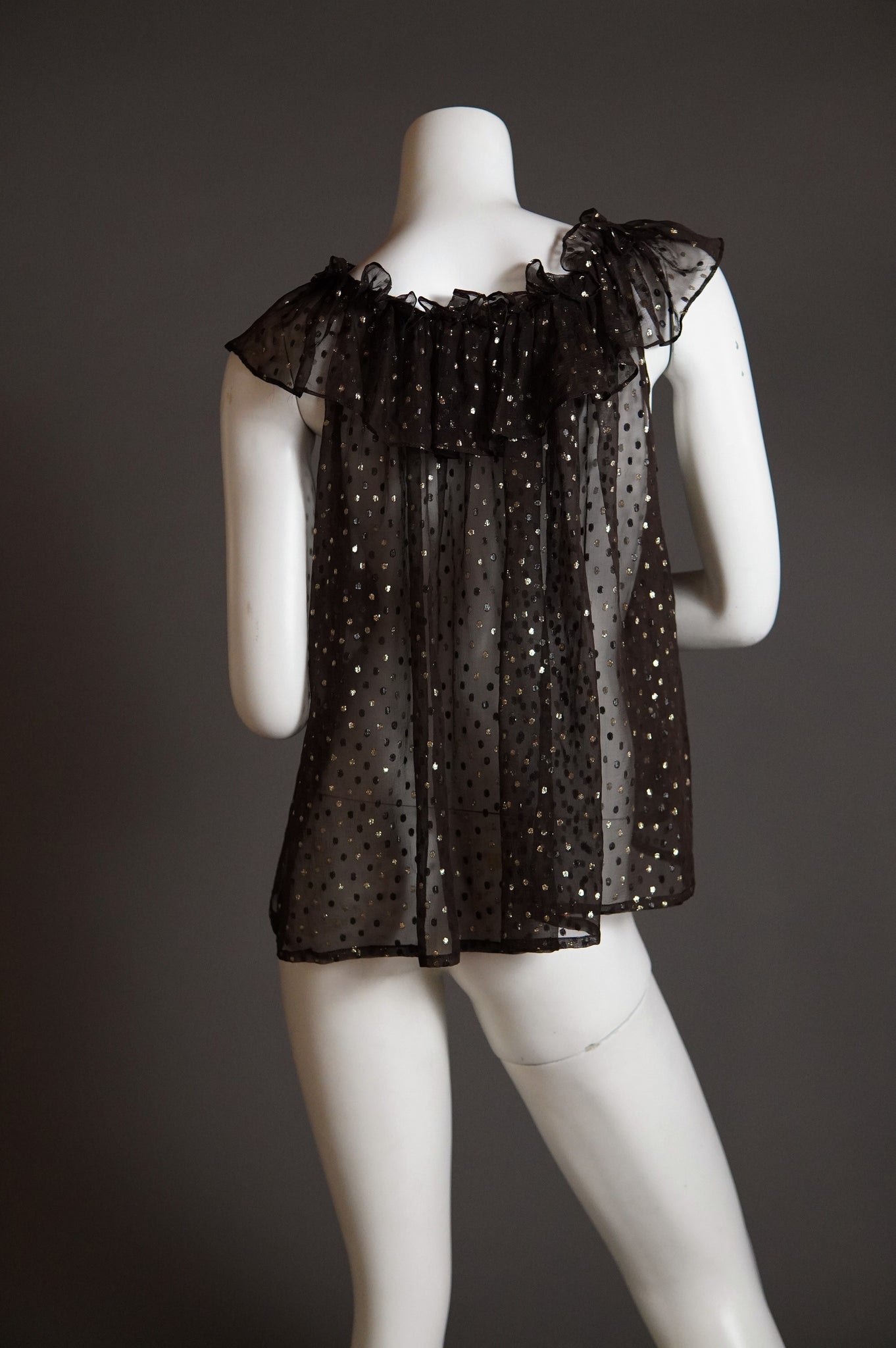 F/W 1978 Yves Saint Laurent Rive Gauche sheer ruffle blouse with metallic polka dot - XS/S/M