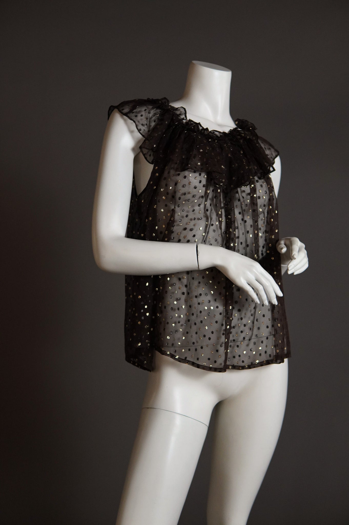 F/W 1978 Yves Saint Laurent Rive Gauche sheer ruffle blouse with metallic polka dot - XS/S/M