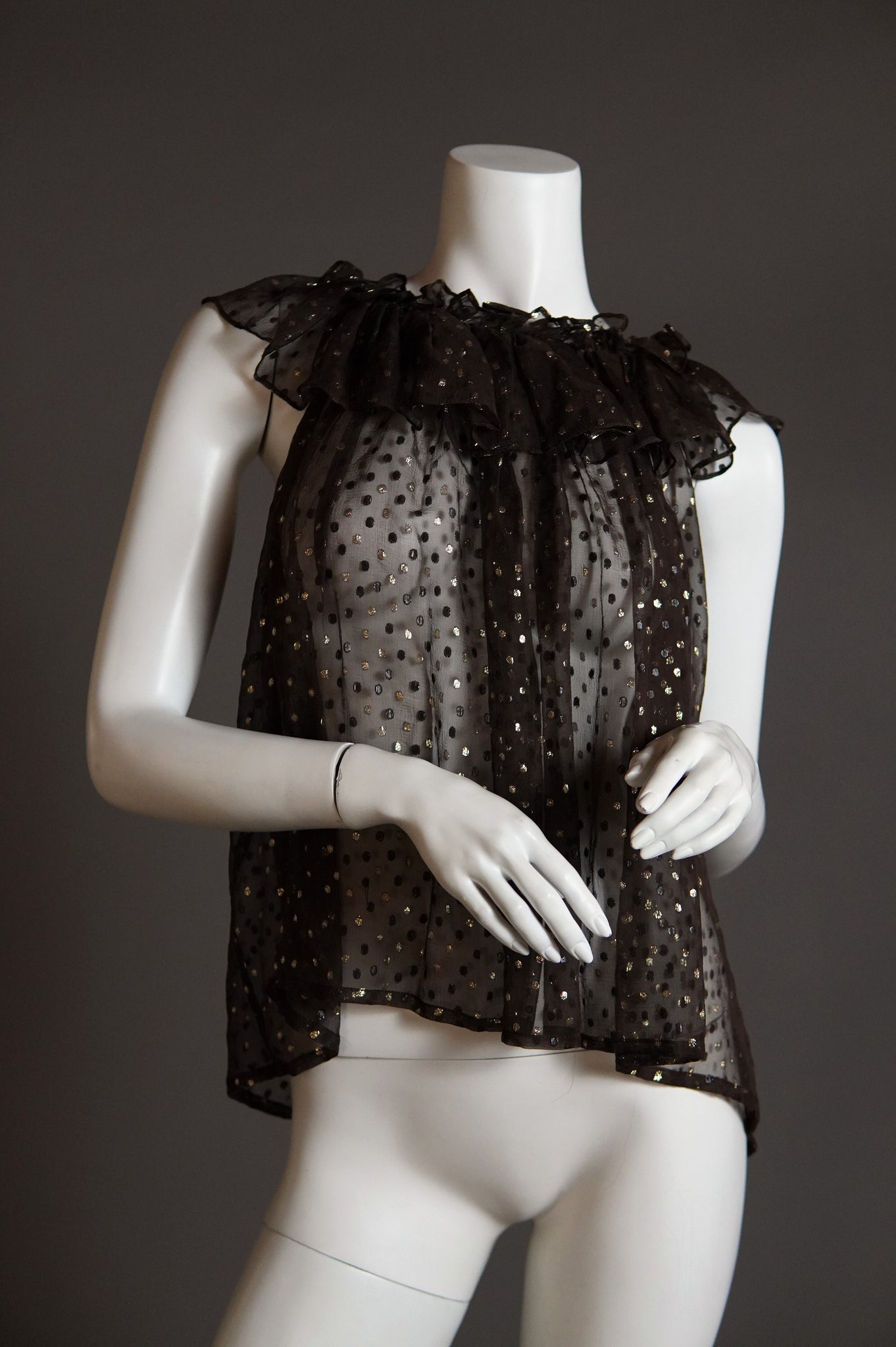 F/W 1978 Yves Saint Laurent Rive Gauche sheer ruffle blouse with metallic polka dot - XS/S/M