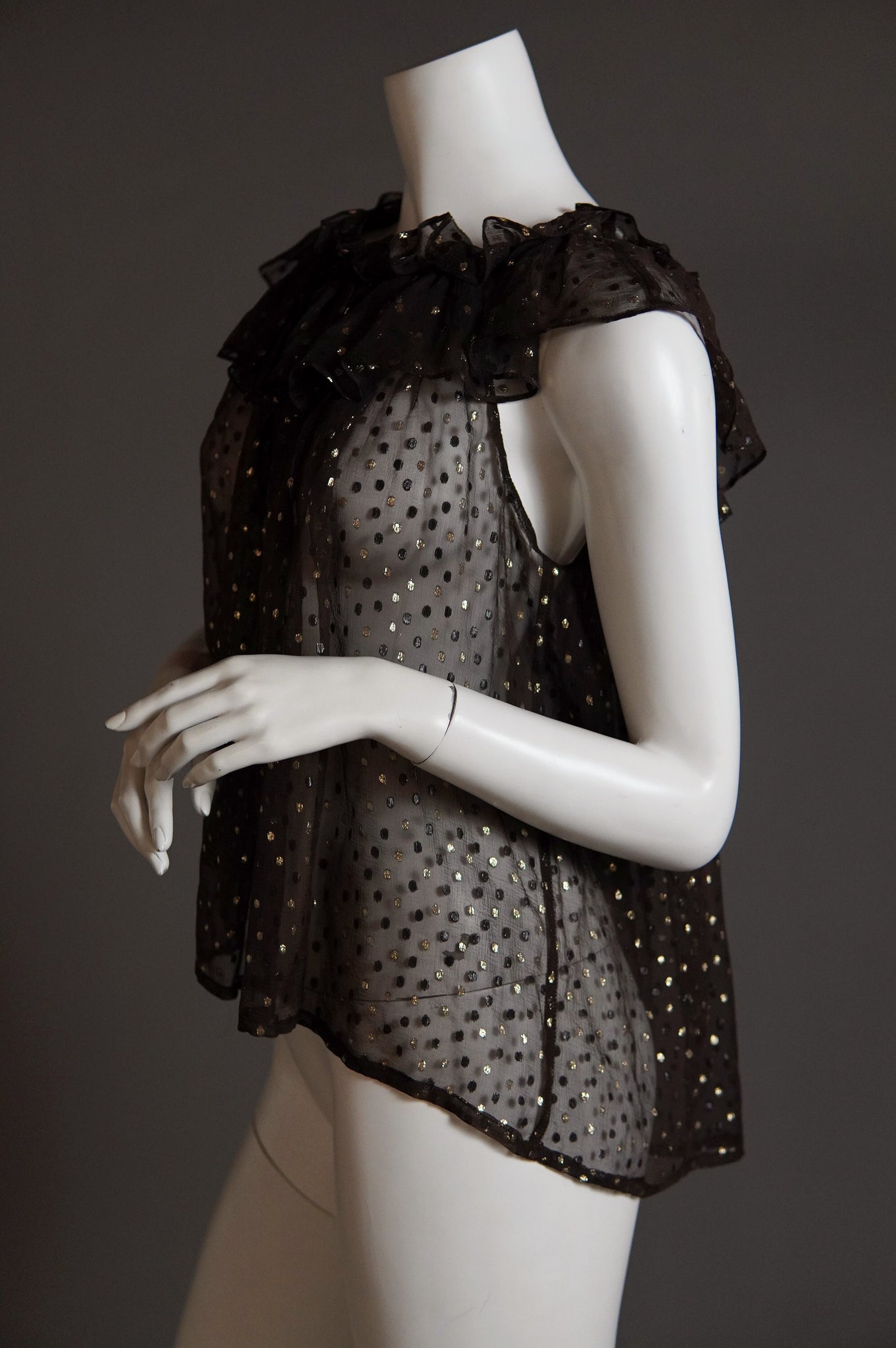 F/W 1978 Yves Saint Laurent Rive Gauche sheer ruffle blouse with metallic polka dot - XS/S/M