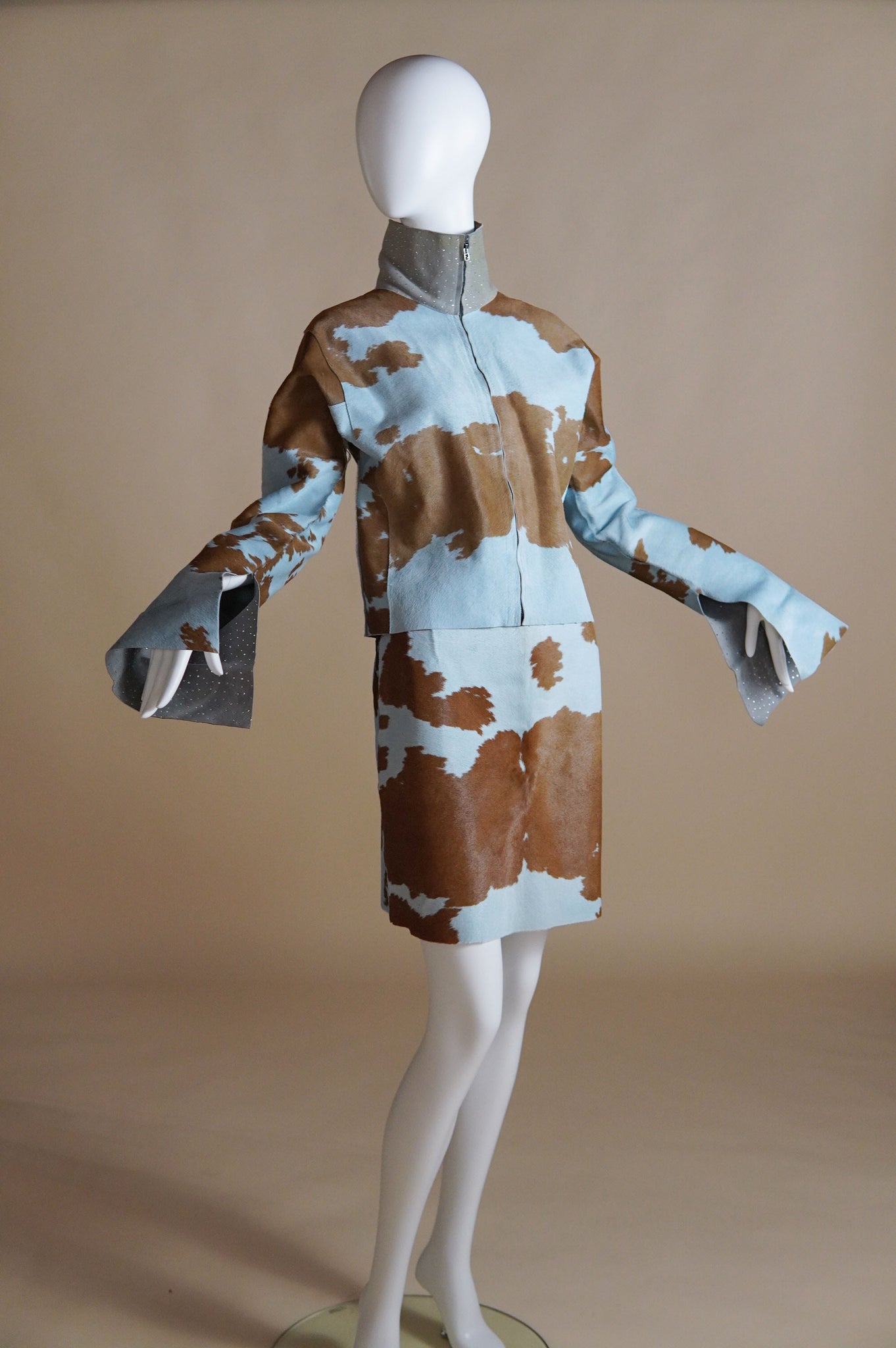 F/W 1999 Fendi by Karl Lagerfeld rare pony hair cow print matching set with diamante - XS/S