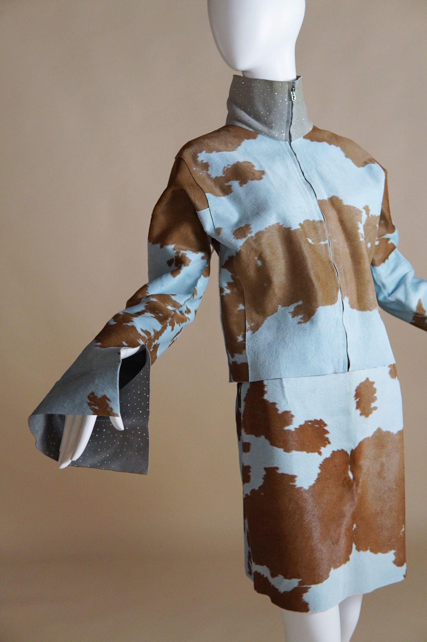 F/W 1999 Fendi by Karl Lagerfeld rare pony hair cow print matching set with diamante - XS/S
