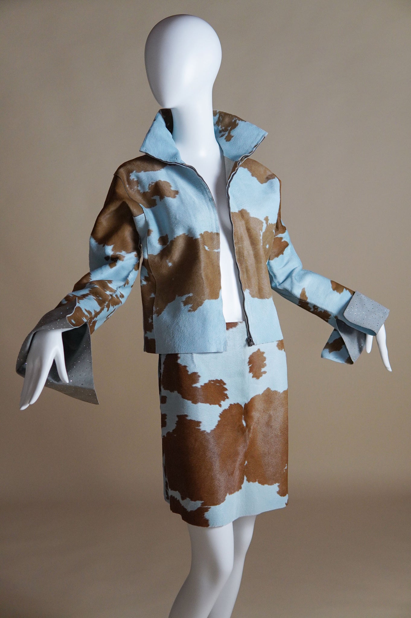 F/W 1999 Fendi by Karl Lagerfeld rare pony hair cow print matching set with diamante - XS/S