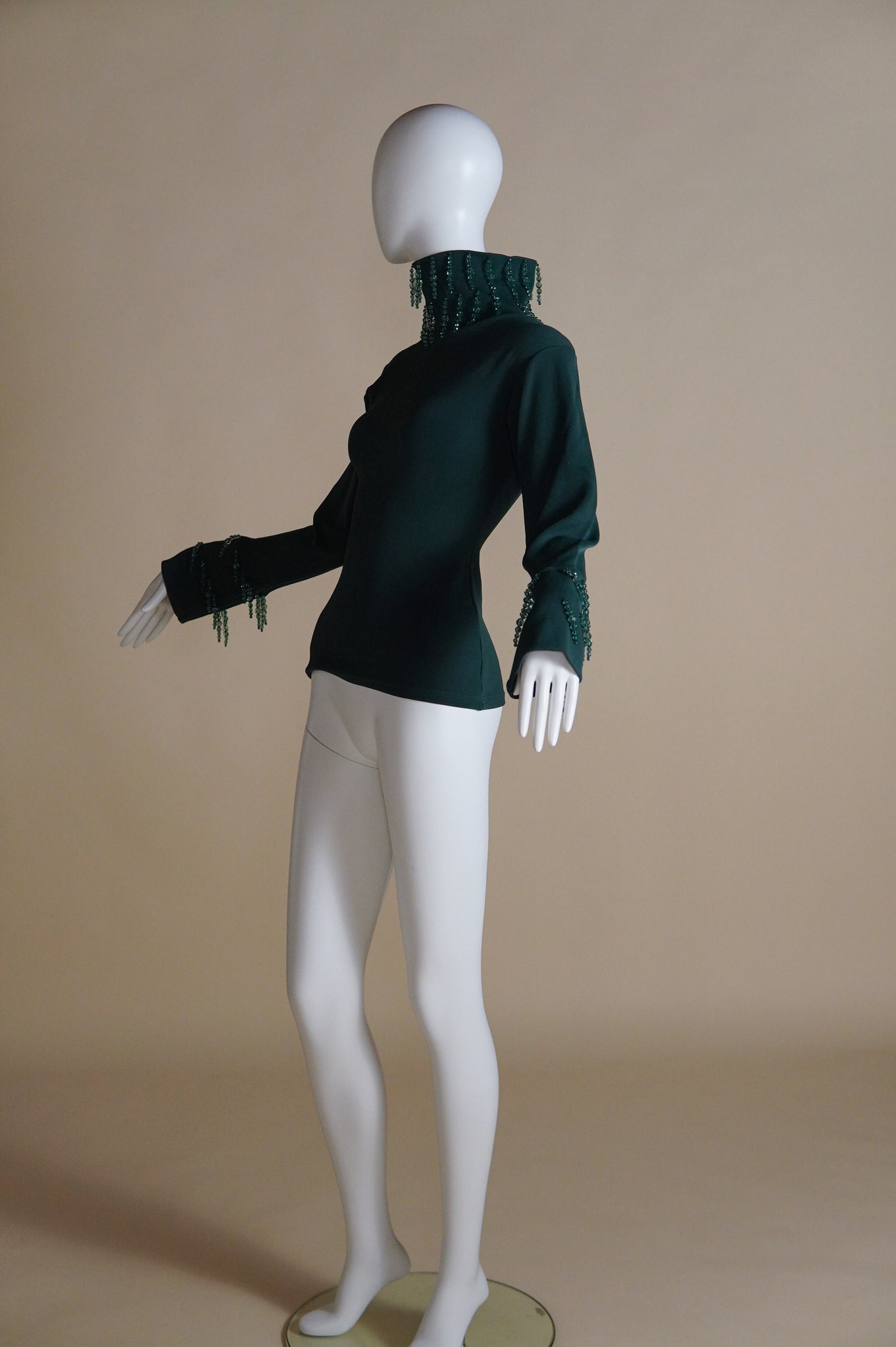 1990s Liza Bruce green funnel neck top with hanging crystal embellishments - XS