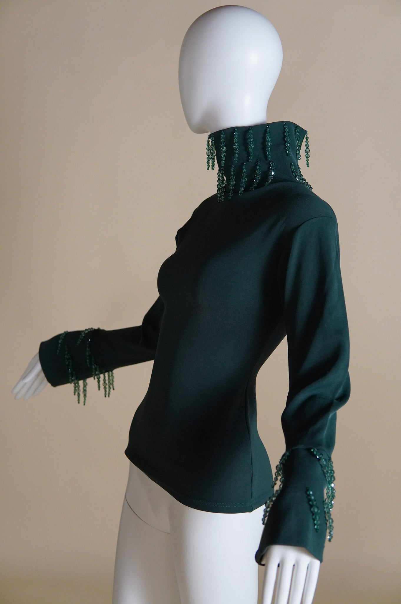 1990s Liza Bruce green funnel neck top with hanging crystal embellishments - XS