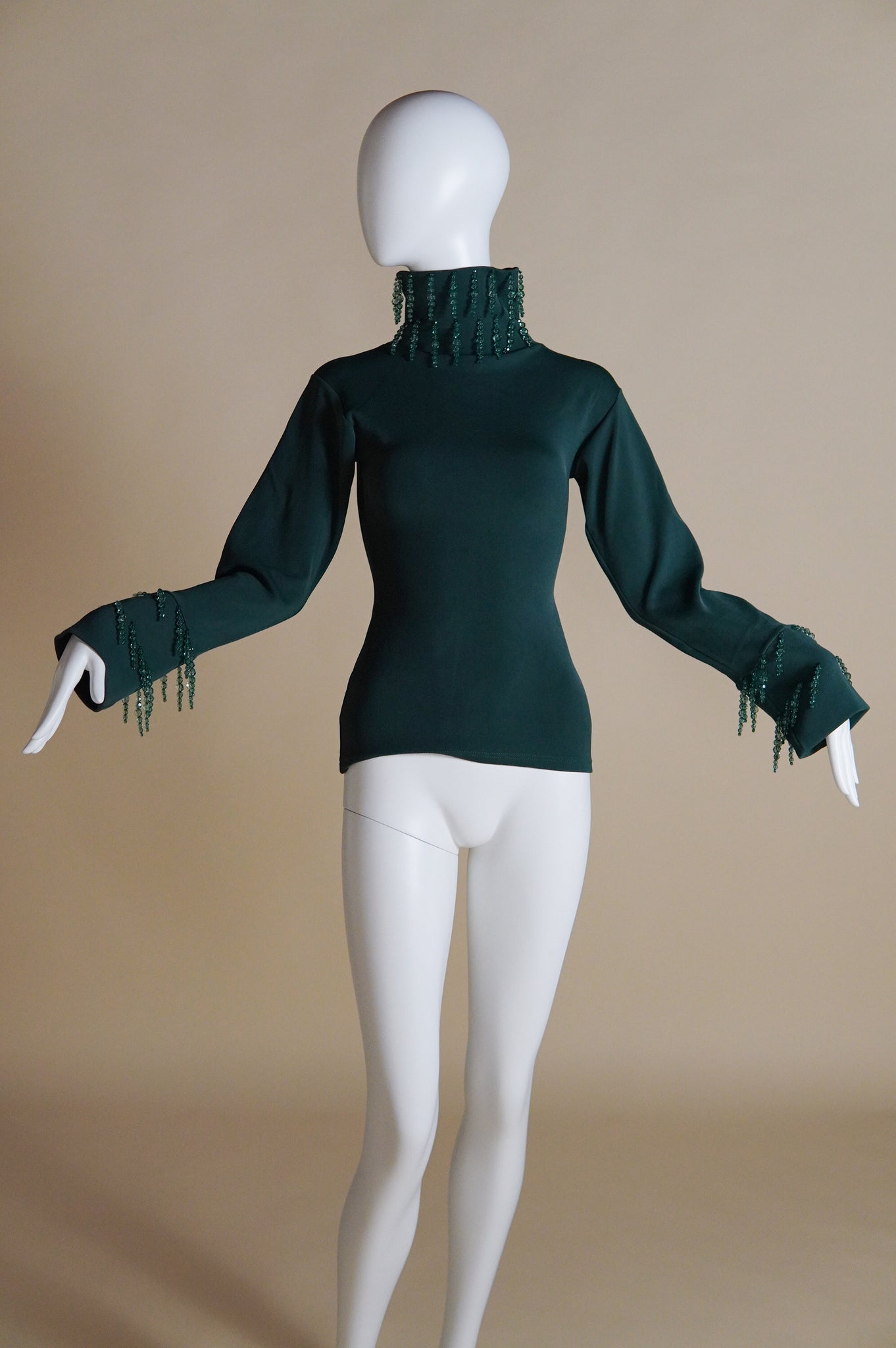 1990s Liza Bruce green funnel neck top with hanging crystal embellishments - XS