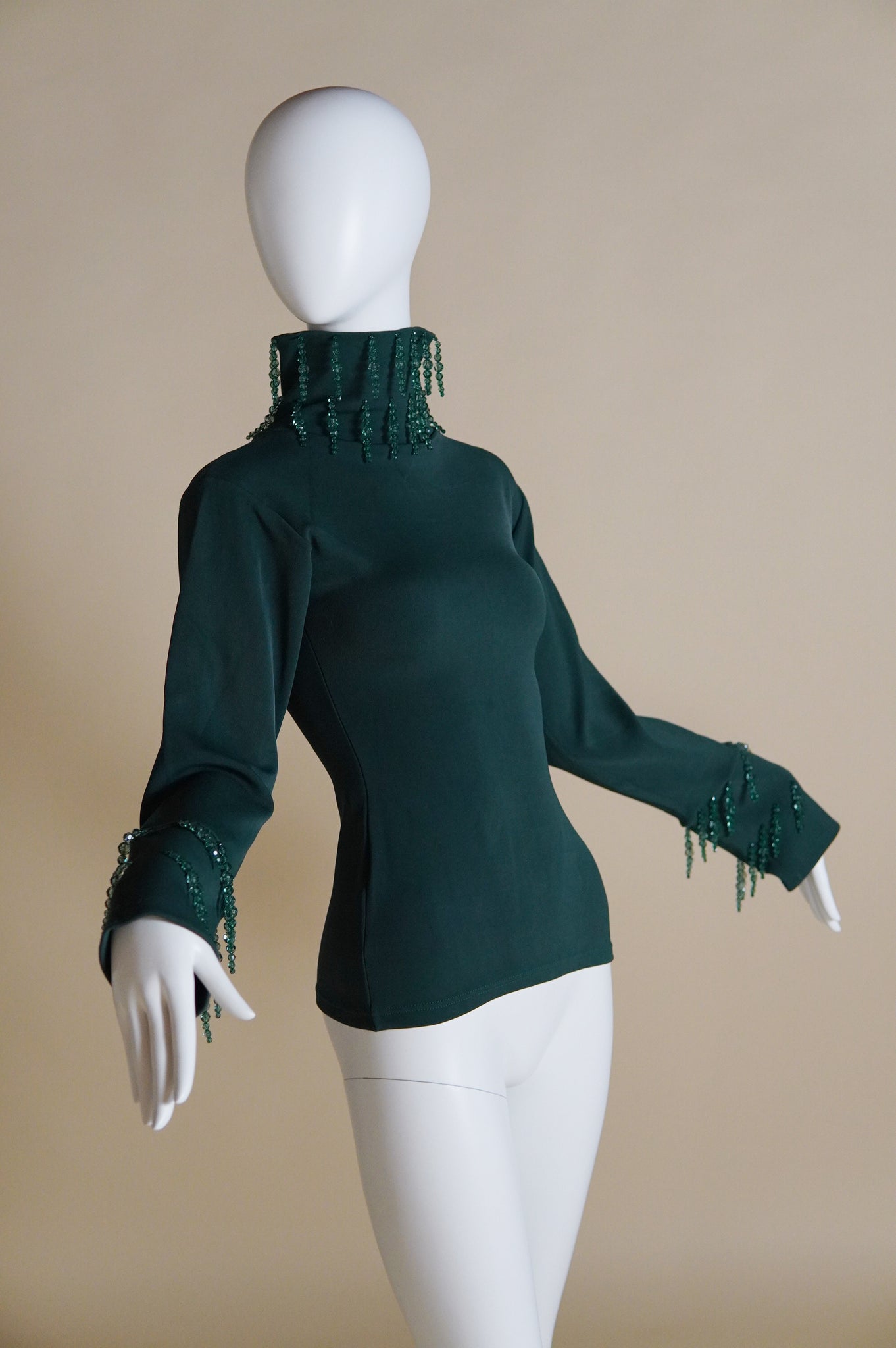 1990s Liza Bruce green funnel neck top with hanging crystal embellishments - XS