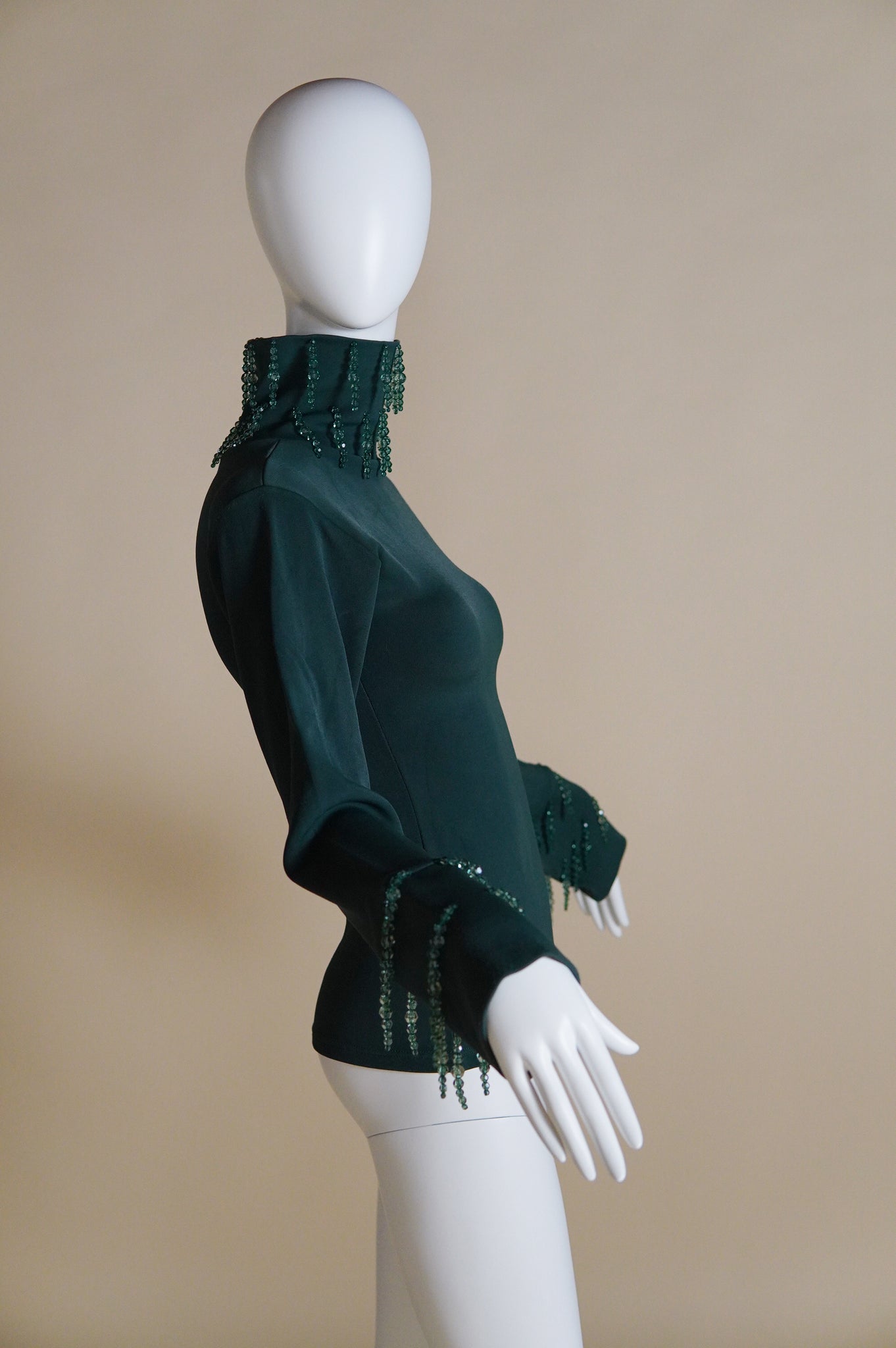 1990s Liza Bruce green funnel neck top with hanging crystal embellishments - XS