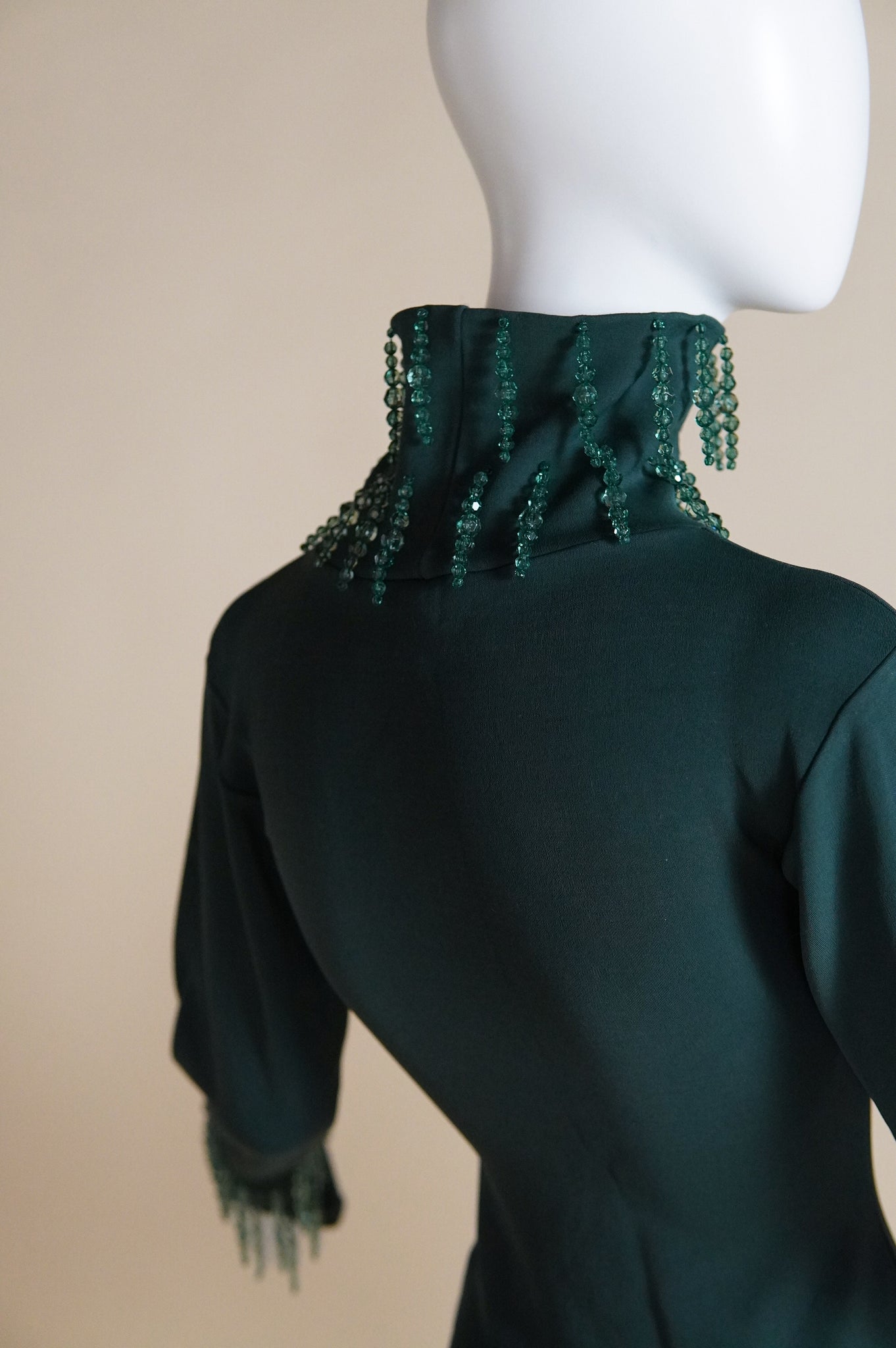 1990s Liza Bruce green funnel neck top with hanging crystal embellishments - XS