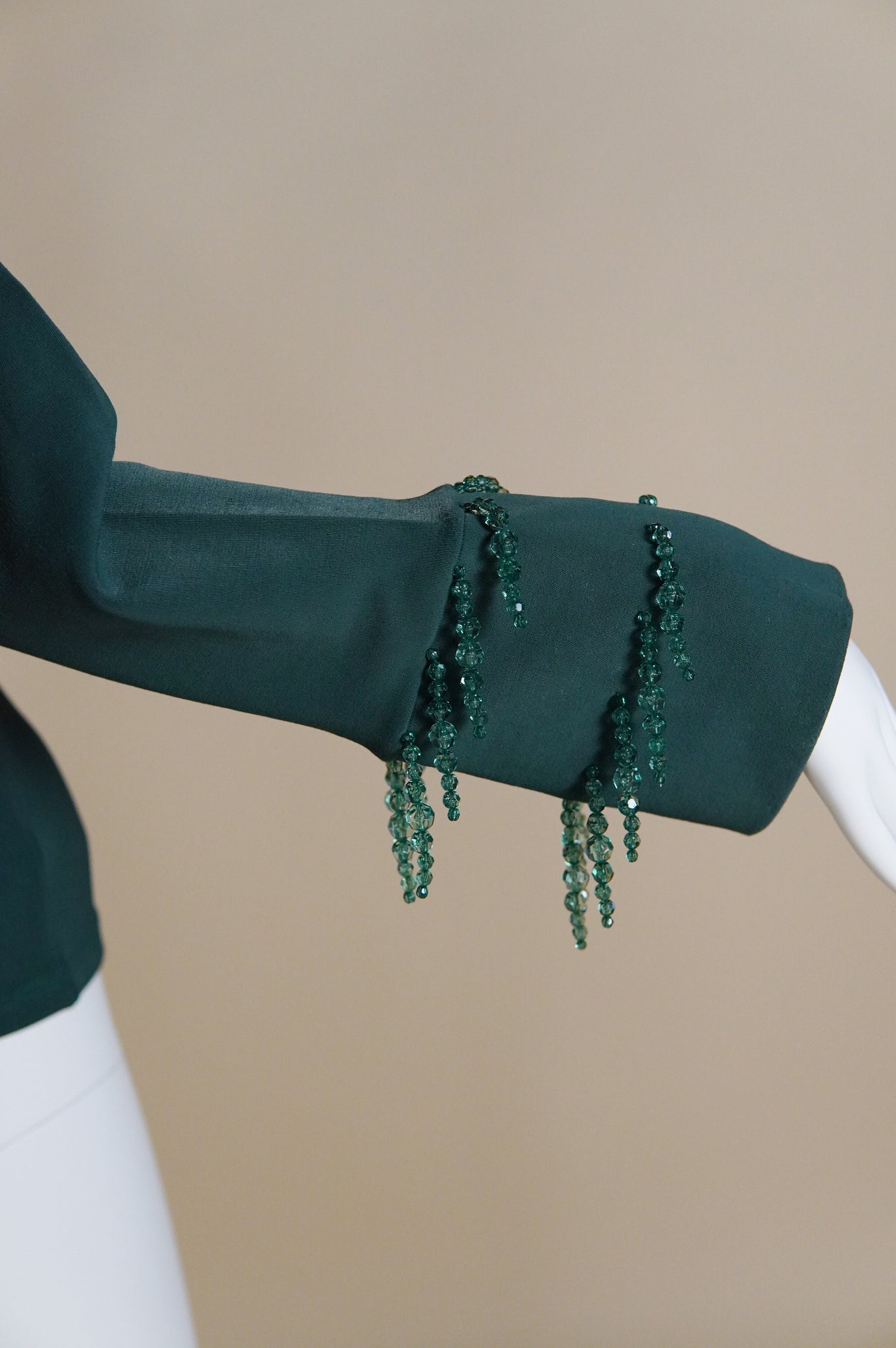 1990s Liza Bruce green funnel neck top with hanging crystal embellishments - XS