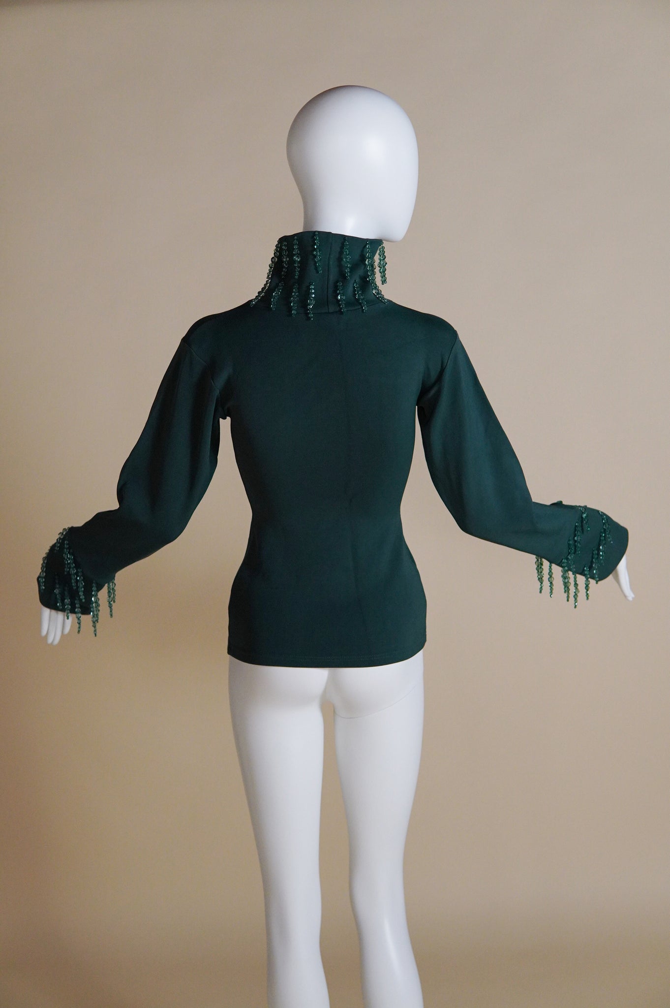 1990s Liza Bruce green funnel neck top with hanging crystal embellishments - XS