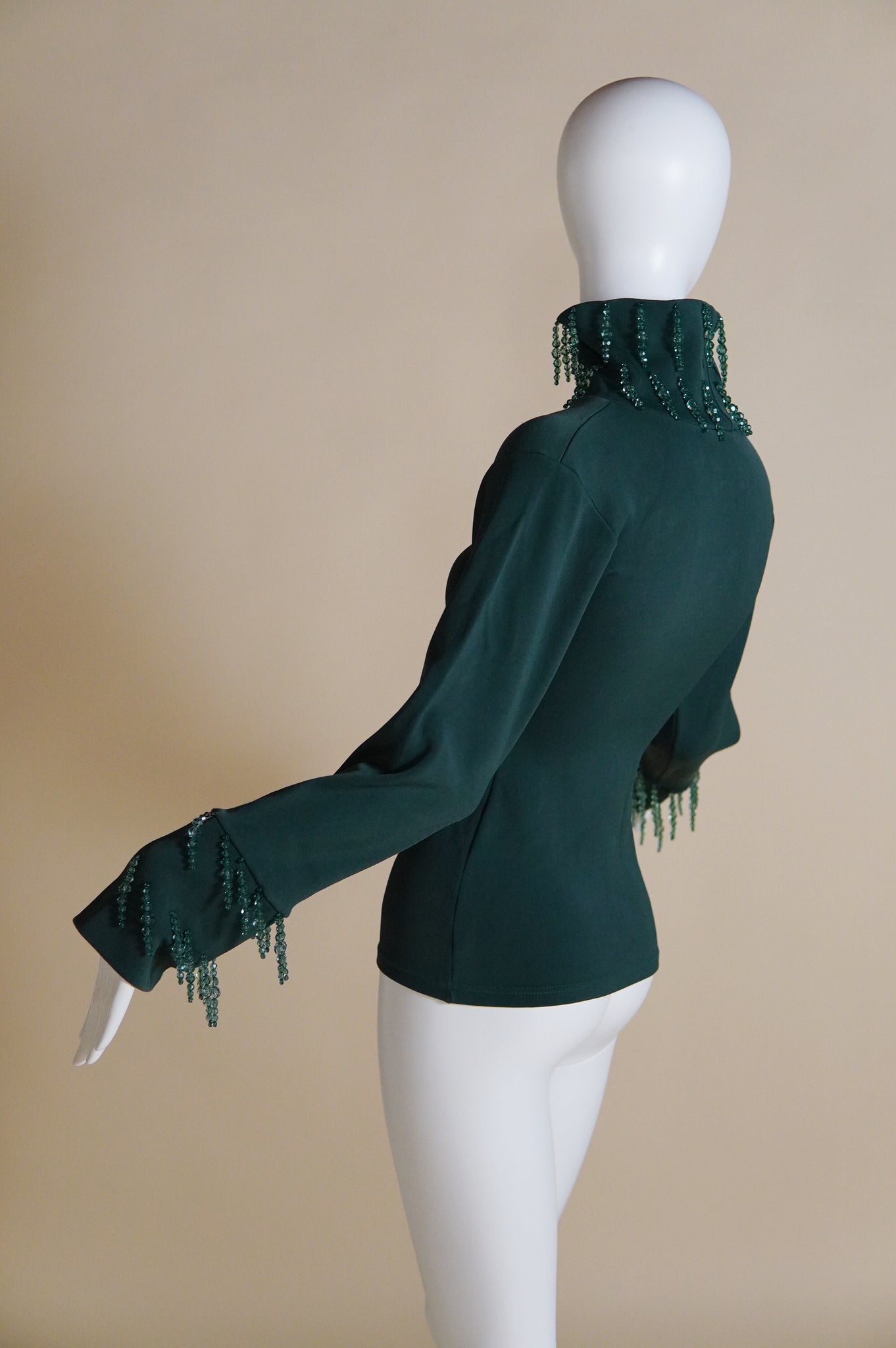 1990s Liza Bruce green funnel neck top with hanging crystal embellishments - XS