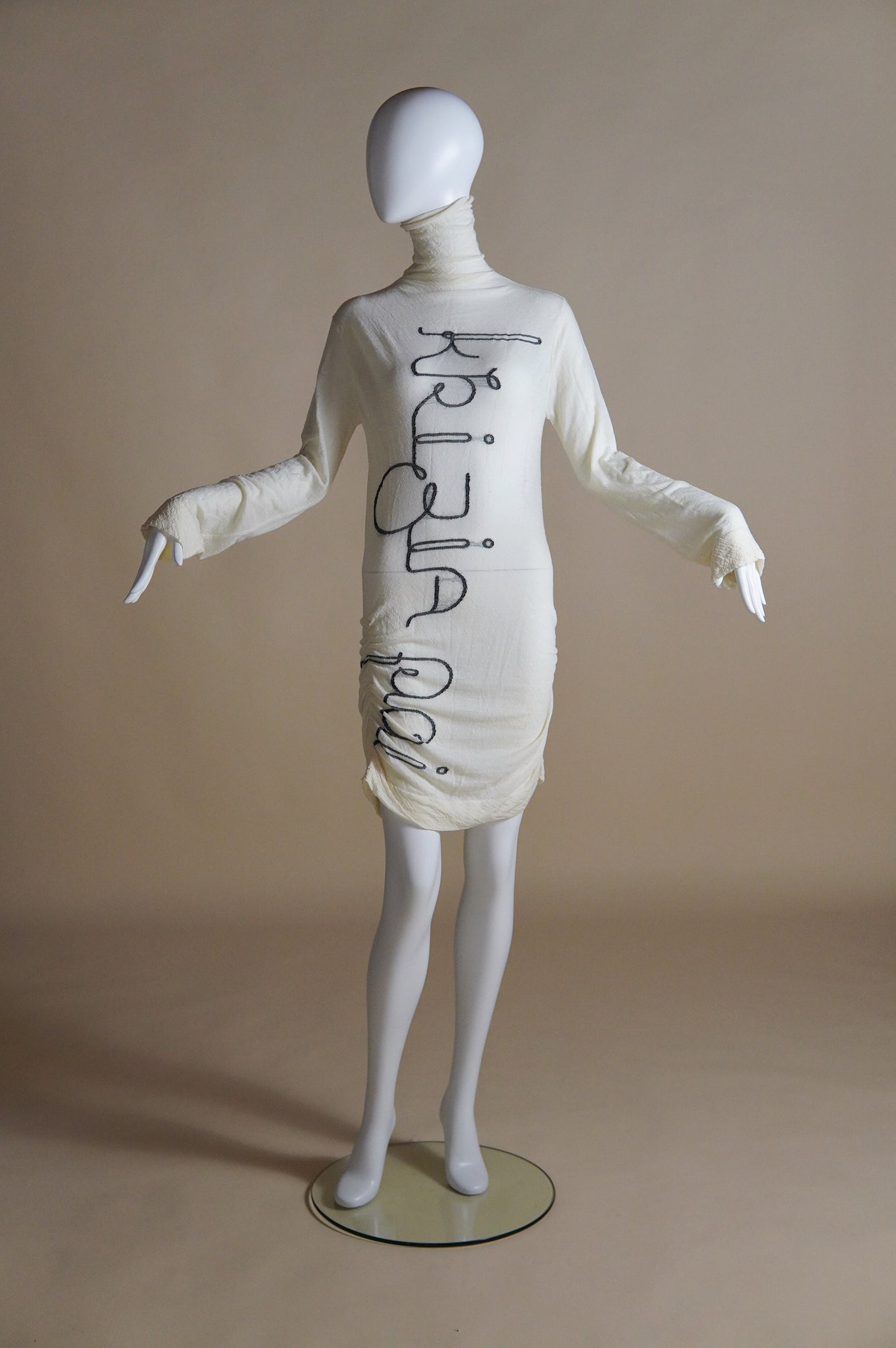 Krizia semi-sheer white dress with scrolled black lettering and ruched sides - XS/S