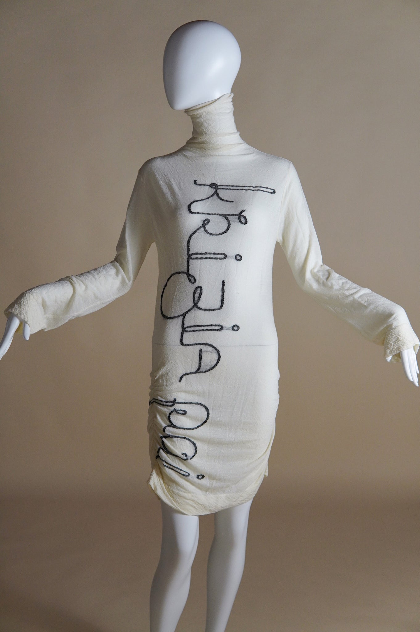 Krizia semi-sheer white dress with scrolled black lettering and ruched sides - XS/S