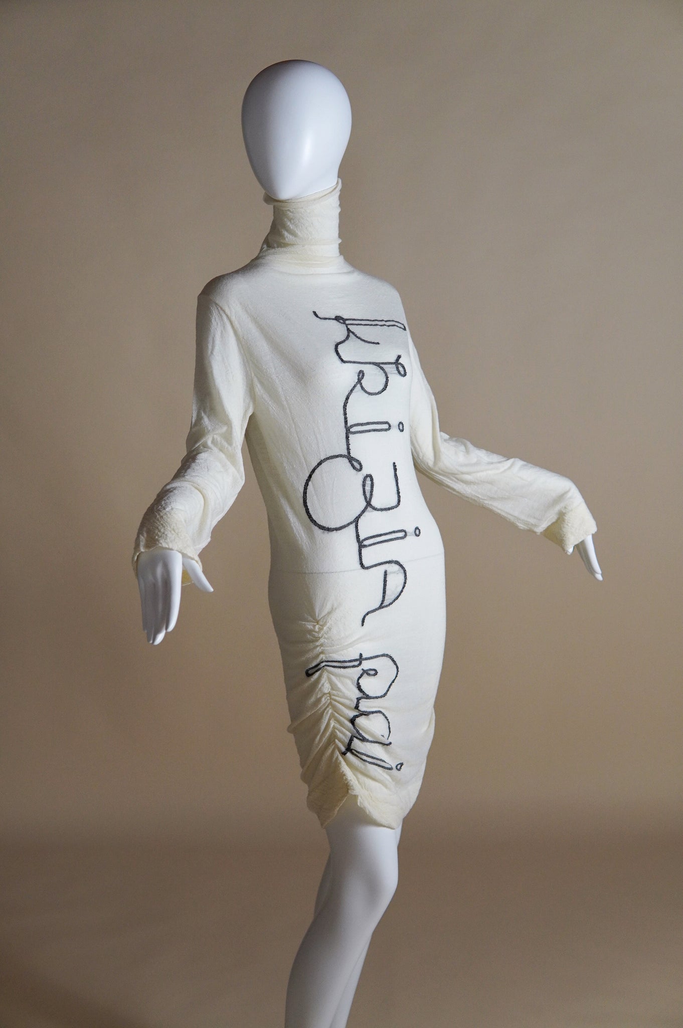 Krizia semi-sheer white dress with scrolled black lettering and ruched sides - XS/S