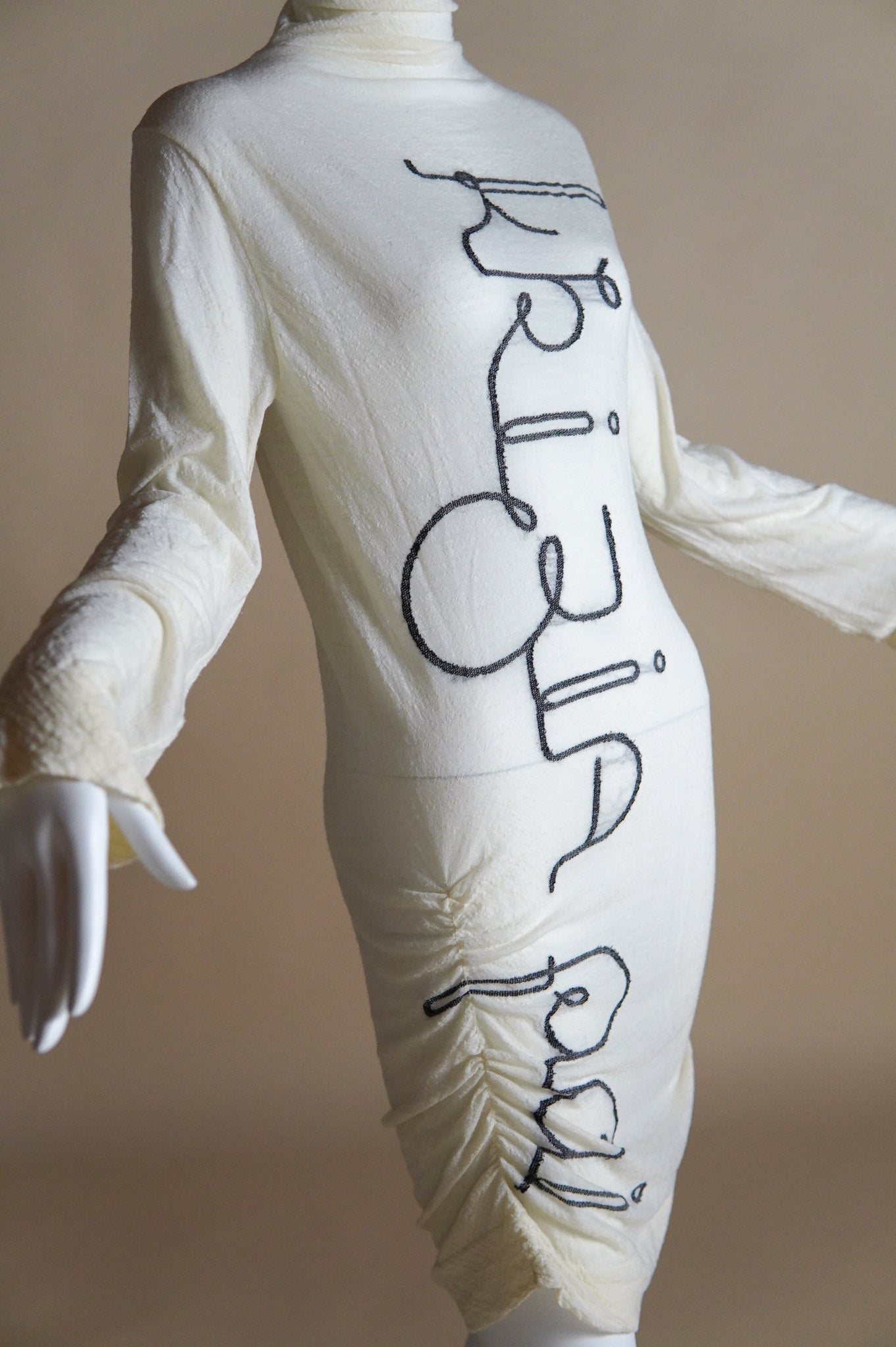 Krizia semi-sheer white dress with scrolled black lettering and ruched sides - XS/S