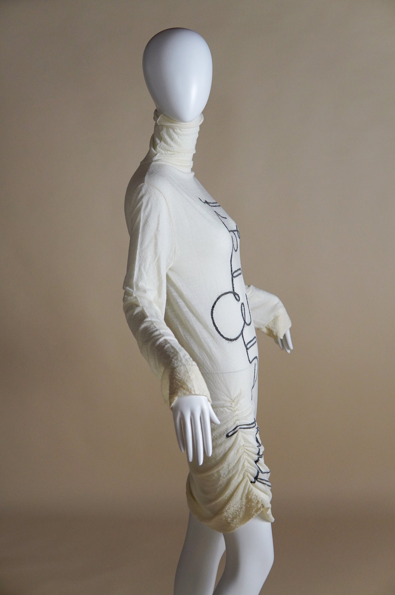 Krizia semi-sheer white dress with scrolled black lettering and ruched sides - XS/S
