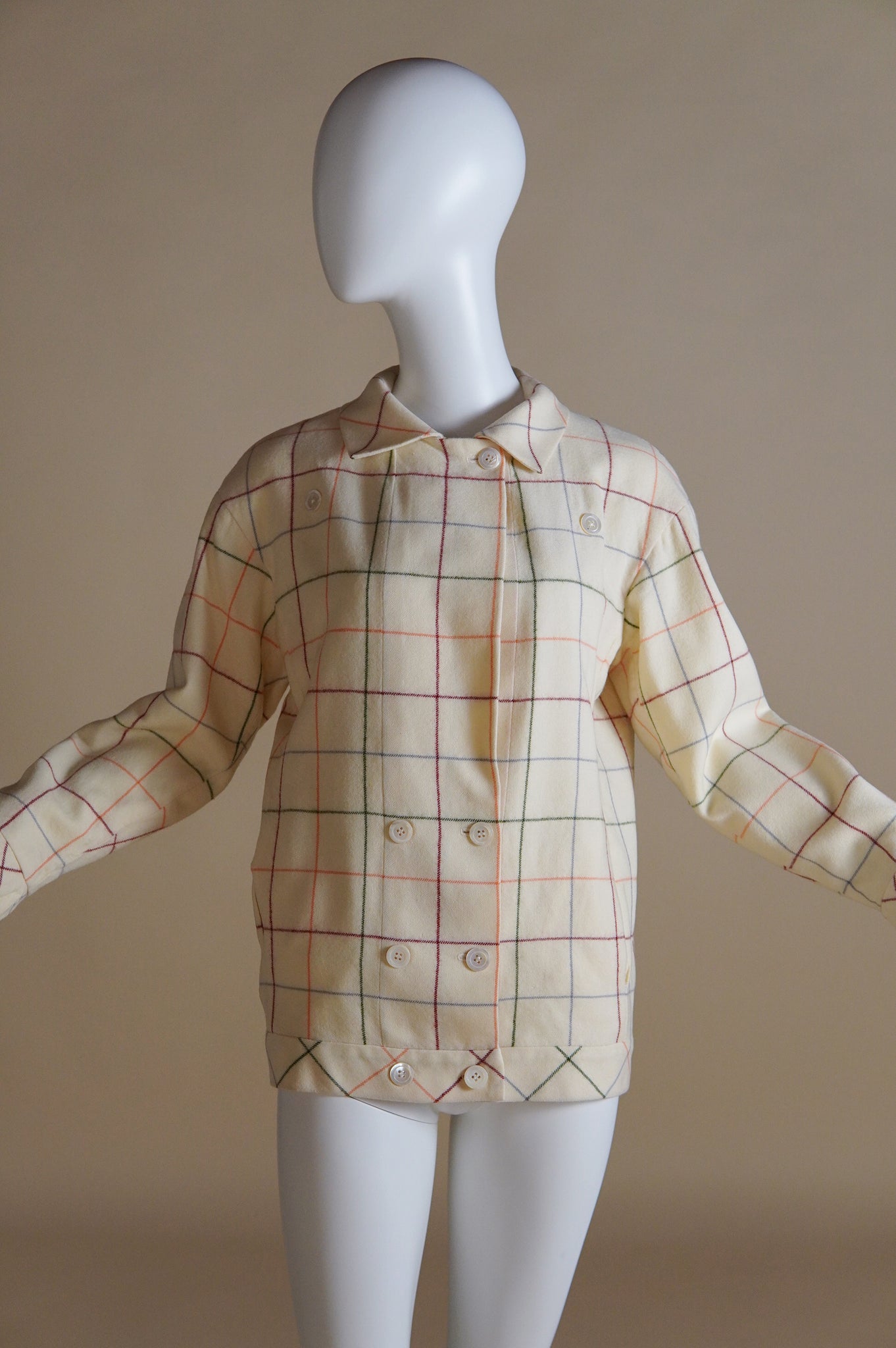 S/S 1981 Chloé by Karl Lagerfeld runway cream wool jacket with multi-colour grid pattern - XS/S