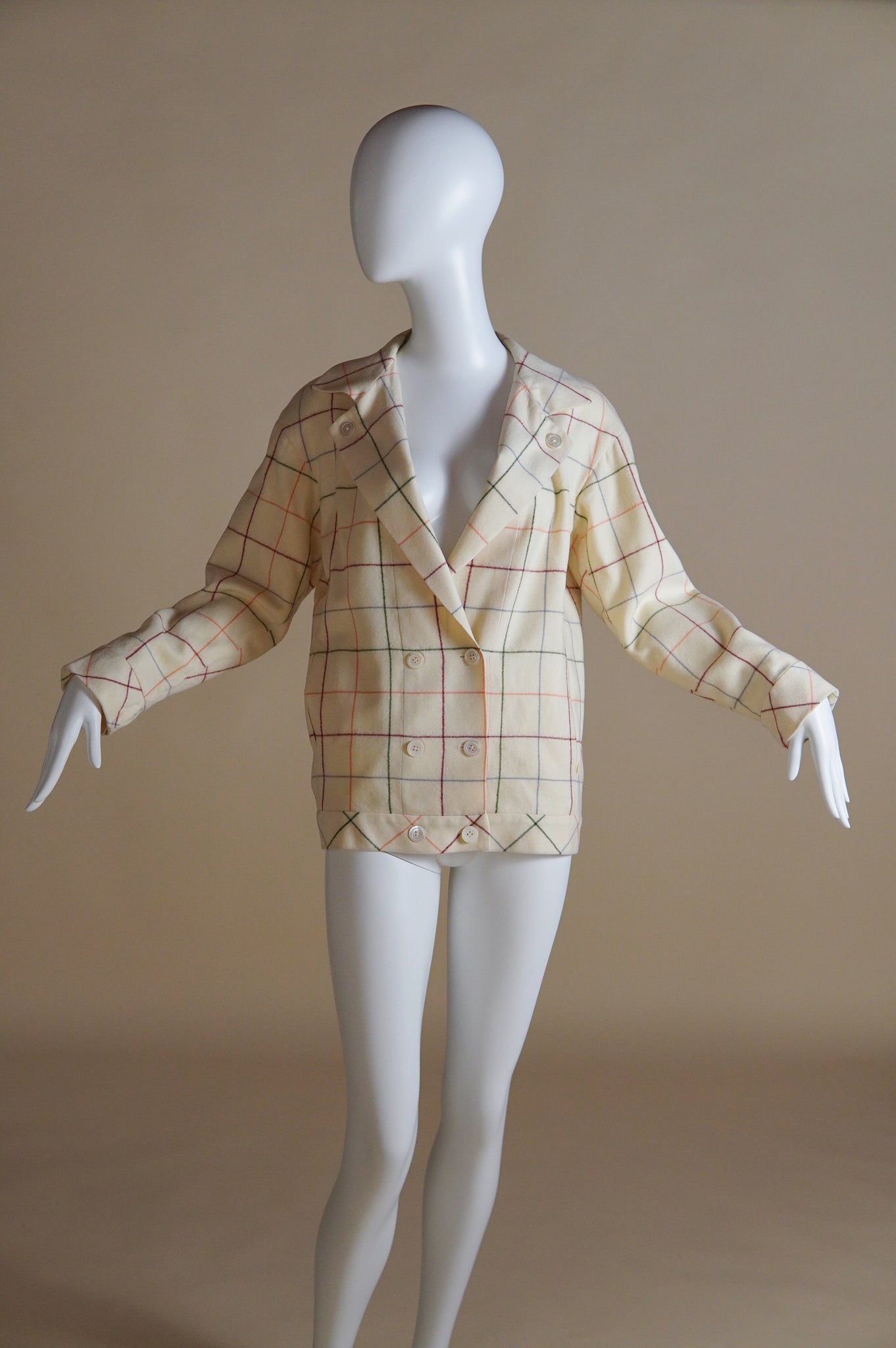 S/S 1981 Chloé by Karl Lagerfeld runway cream wool jacket with multi-colour grid pattern - XS/S