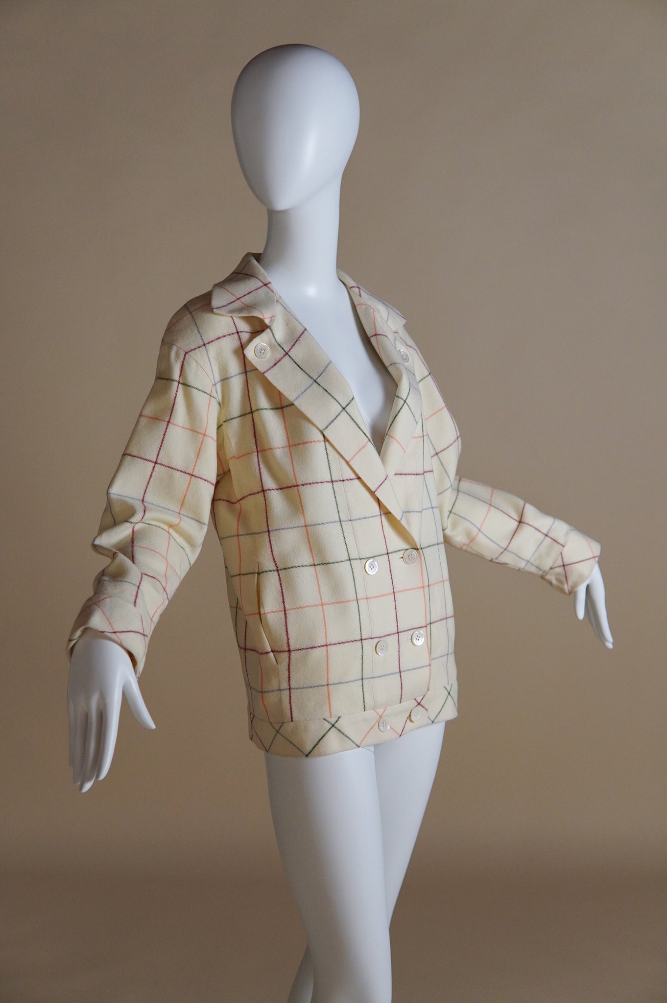 S/S 1981 Chloé by Karl Lagerfeld runway cream wool jacket with multi-colour grid pattern - XS/S