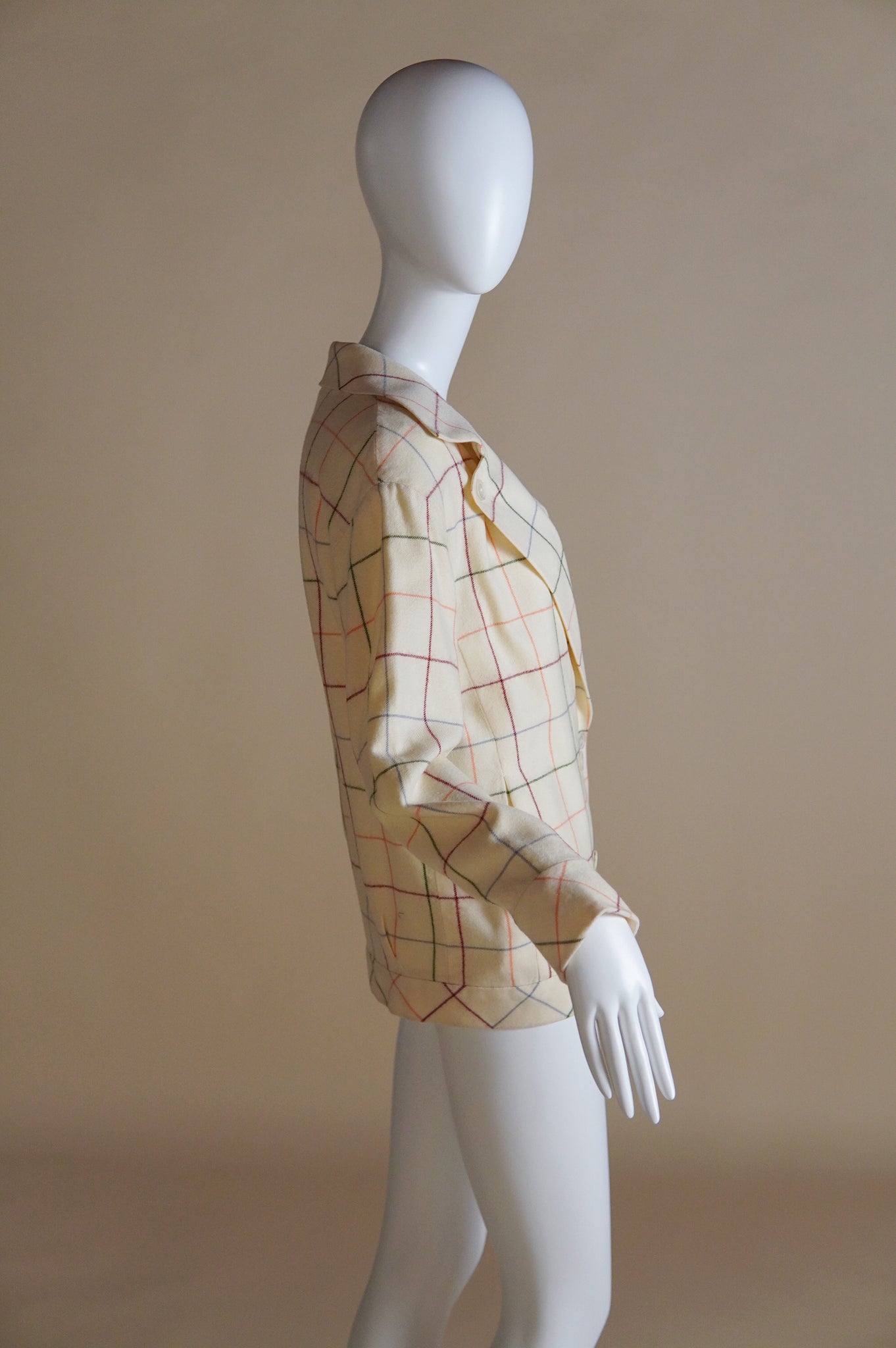 S/S 1981 Chloé by Karl Lagerfeld runway cream wool jacket with multi-colour grid pattern - XS/S