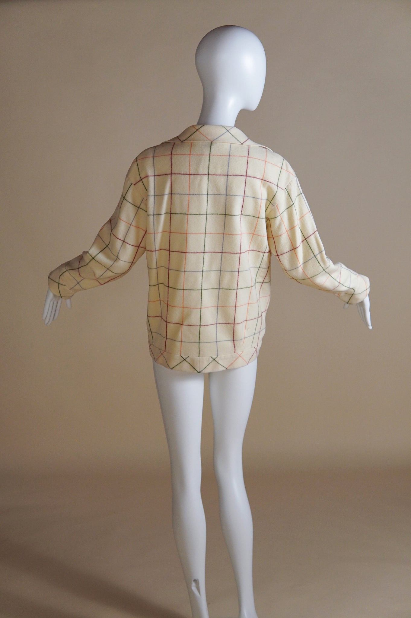 S/S 1981 Chloé by Karl Lagerfeld runway cream wool jacket with multi-colour grid pattern - XS/S