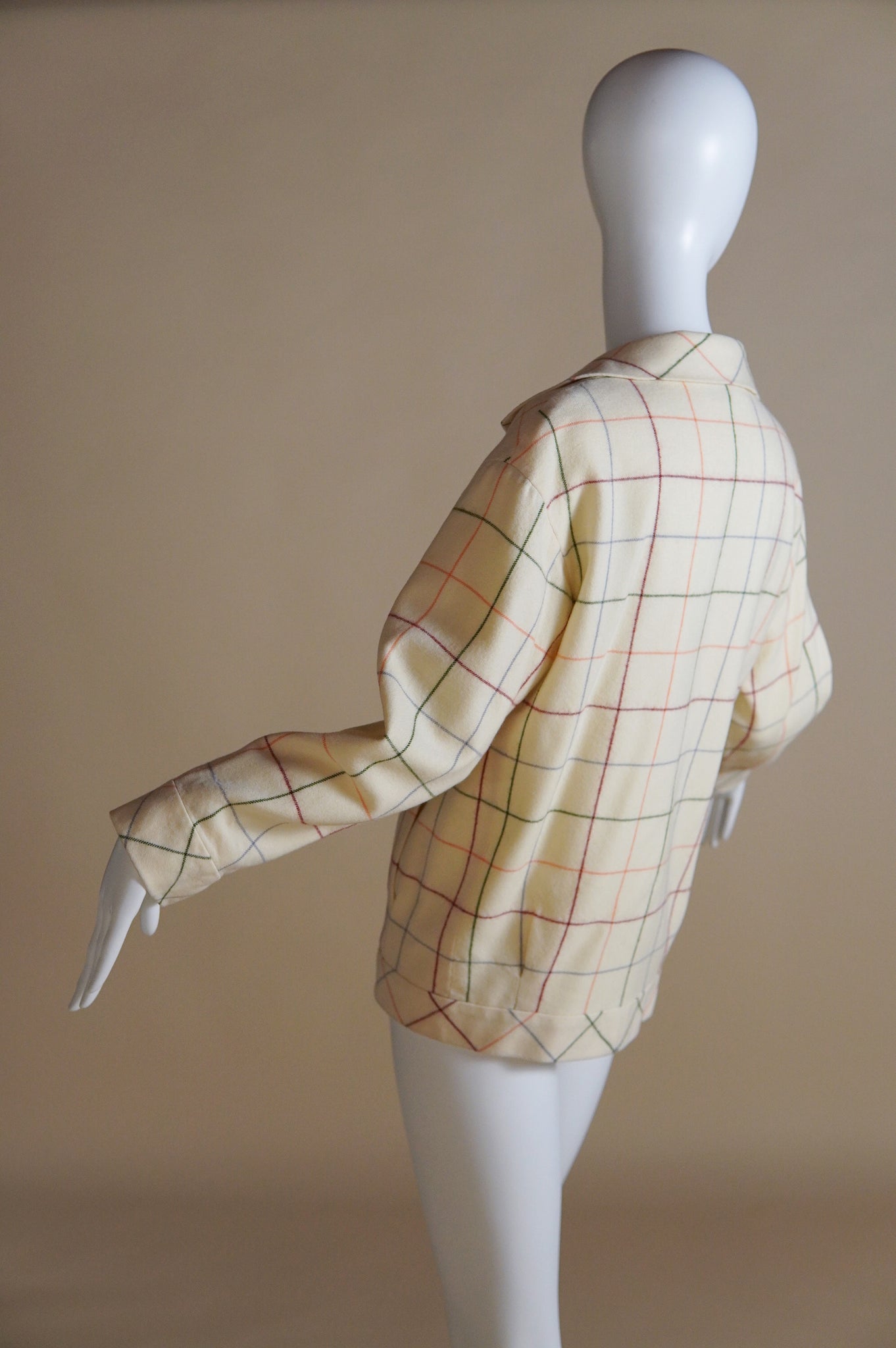S/S 1981 Chloé by Karl Lagerfeld runway cream wool jacket with multi-colour grid pattern - XS/S