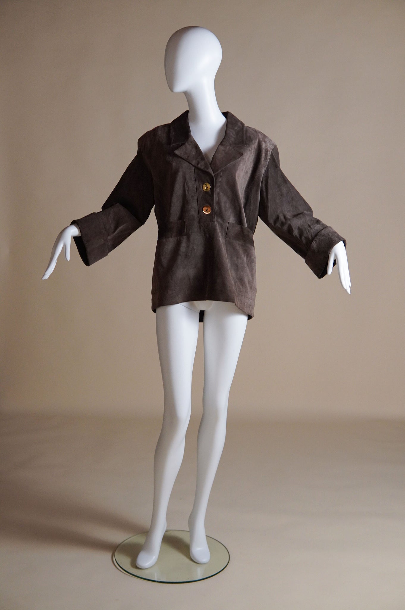 S/S 1989 Yves Saint Laurent Rive Gauche brown suede pullover with shiny gold buttons - XS/S/M