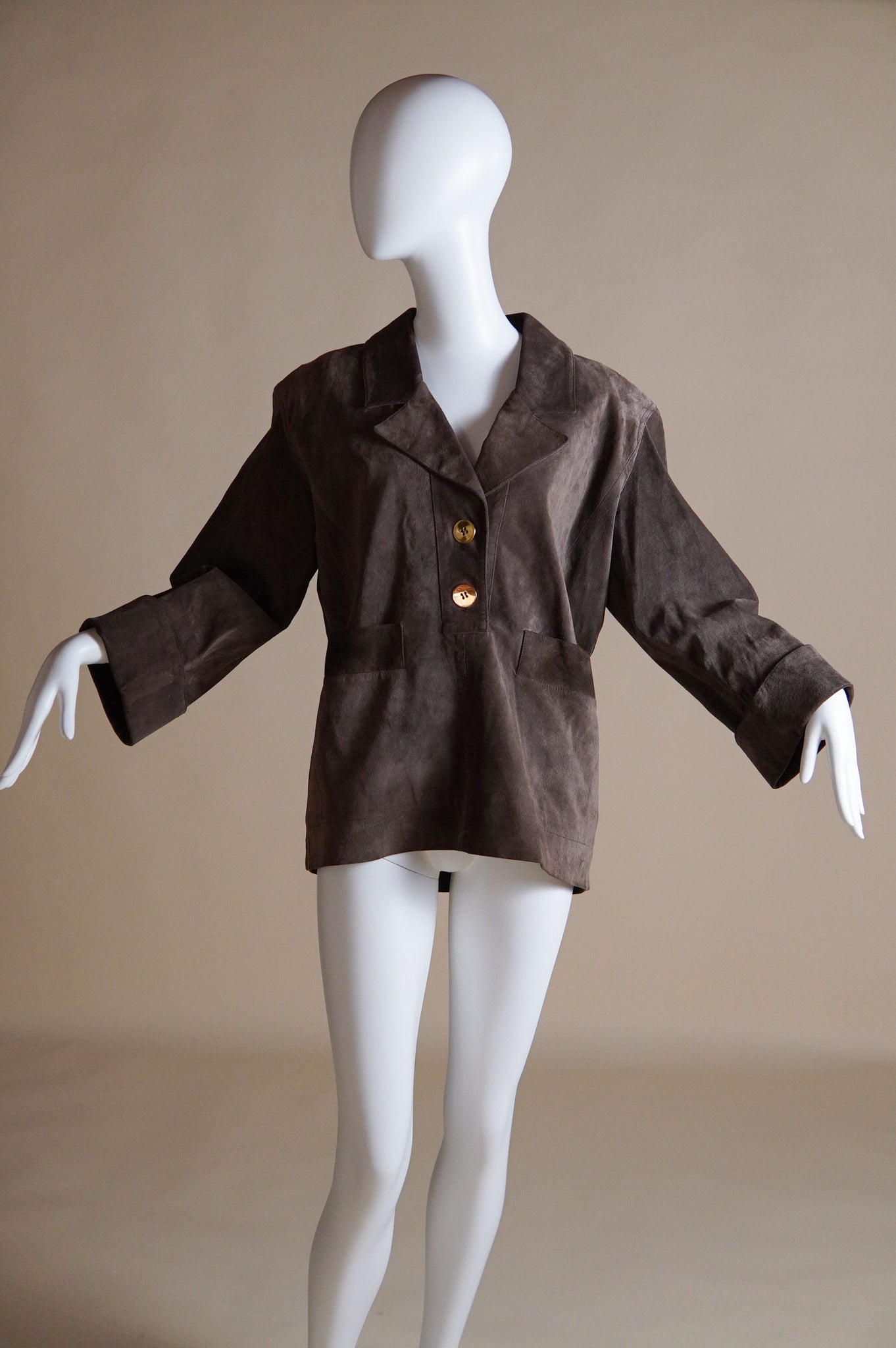 S/S 1989 Yves Saint Laurent Rive Gauche brown suede pullover with shiny gold buttons - XS/S/M