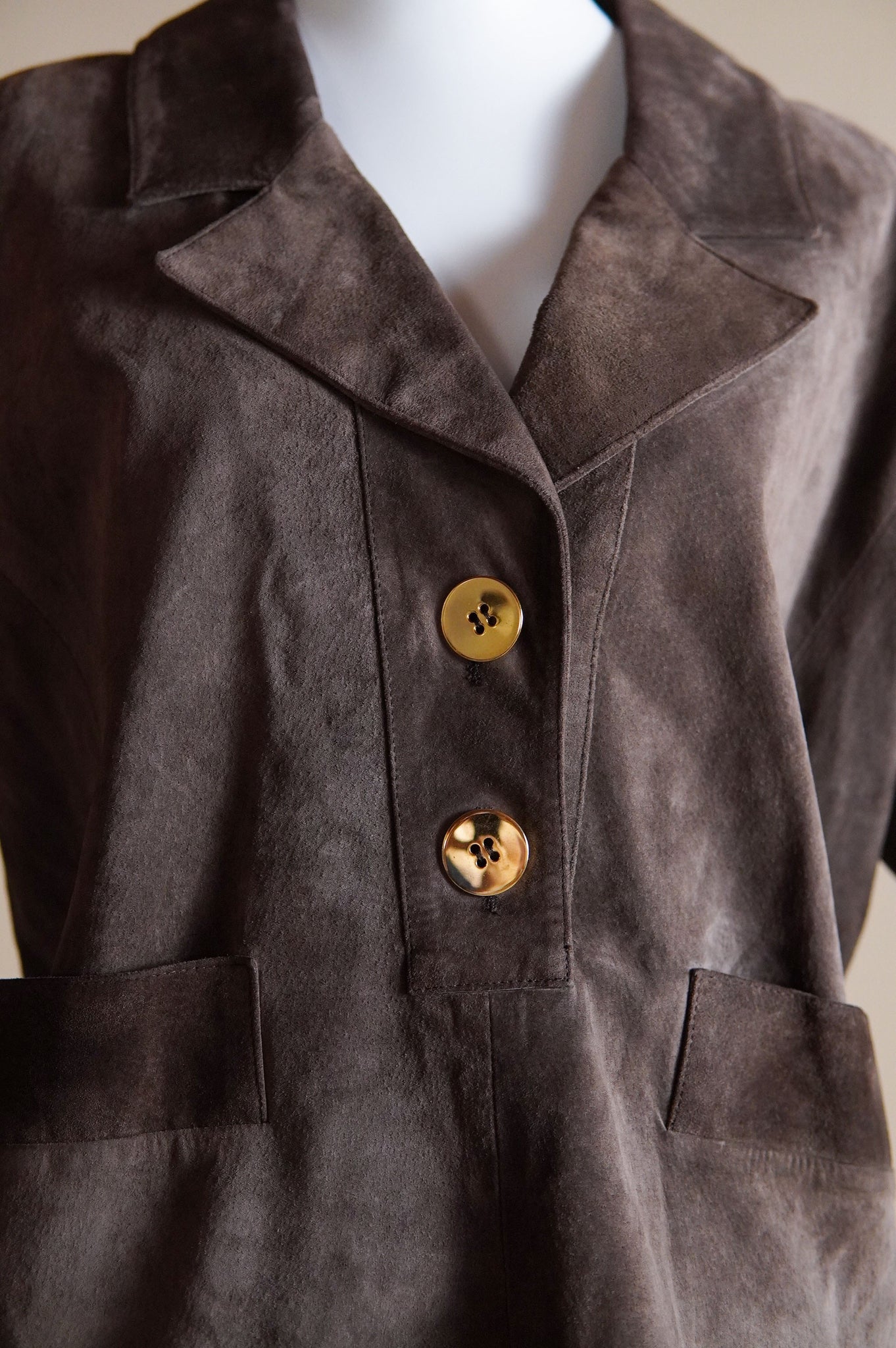 S/S 1989 Yves Saint Laurent Rive Gauche brown suede pullover with shiny gold buttons - XS/S/M