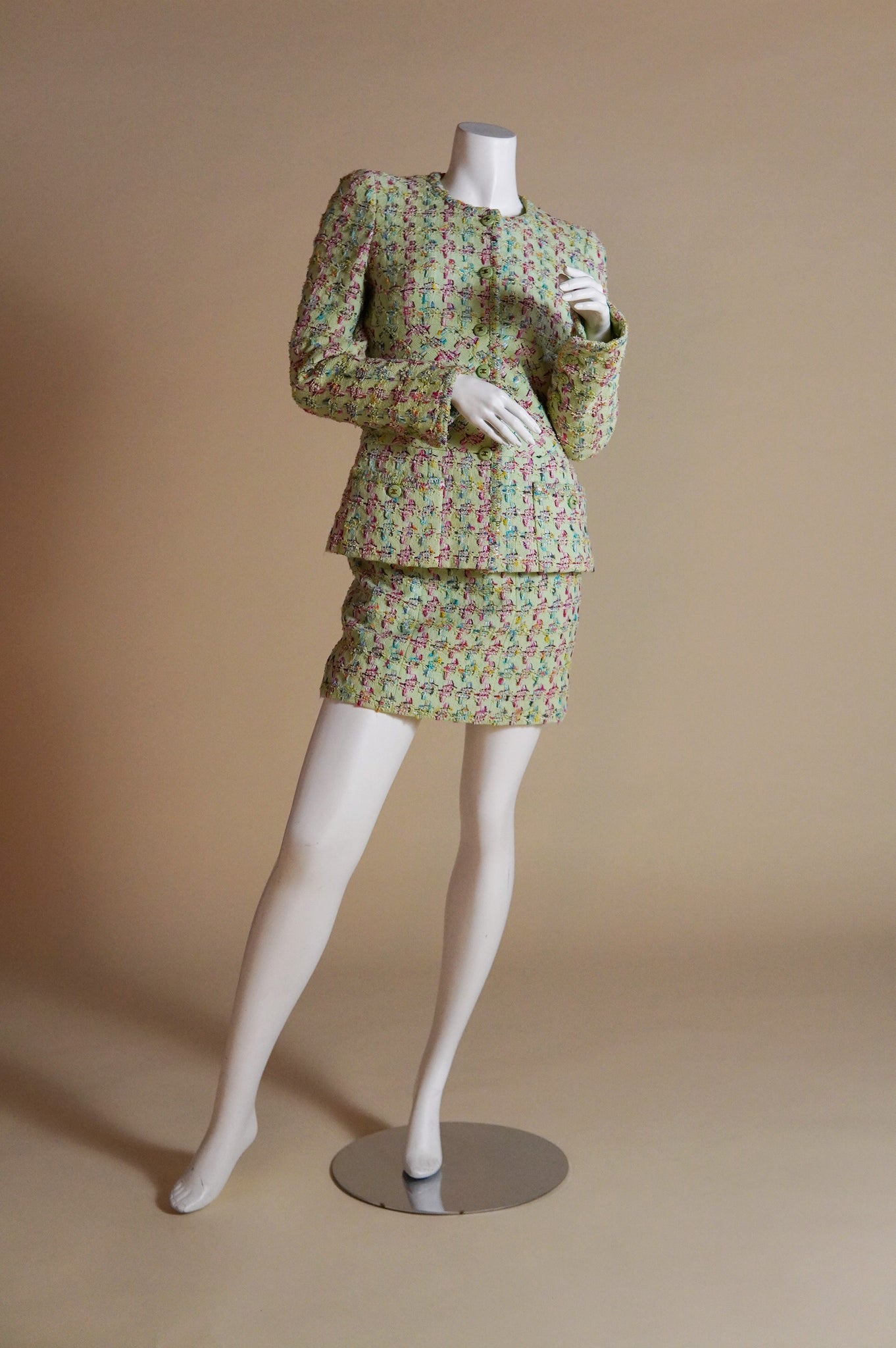 S/S 1995 Chanel 'Barbie Collection' runway mint green tweed suit with jacket and mini skirt - S/M