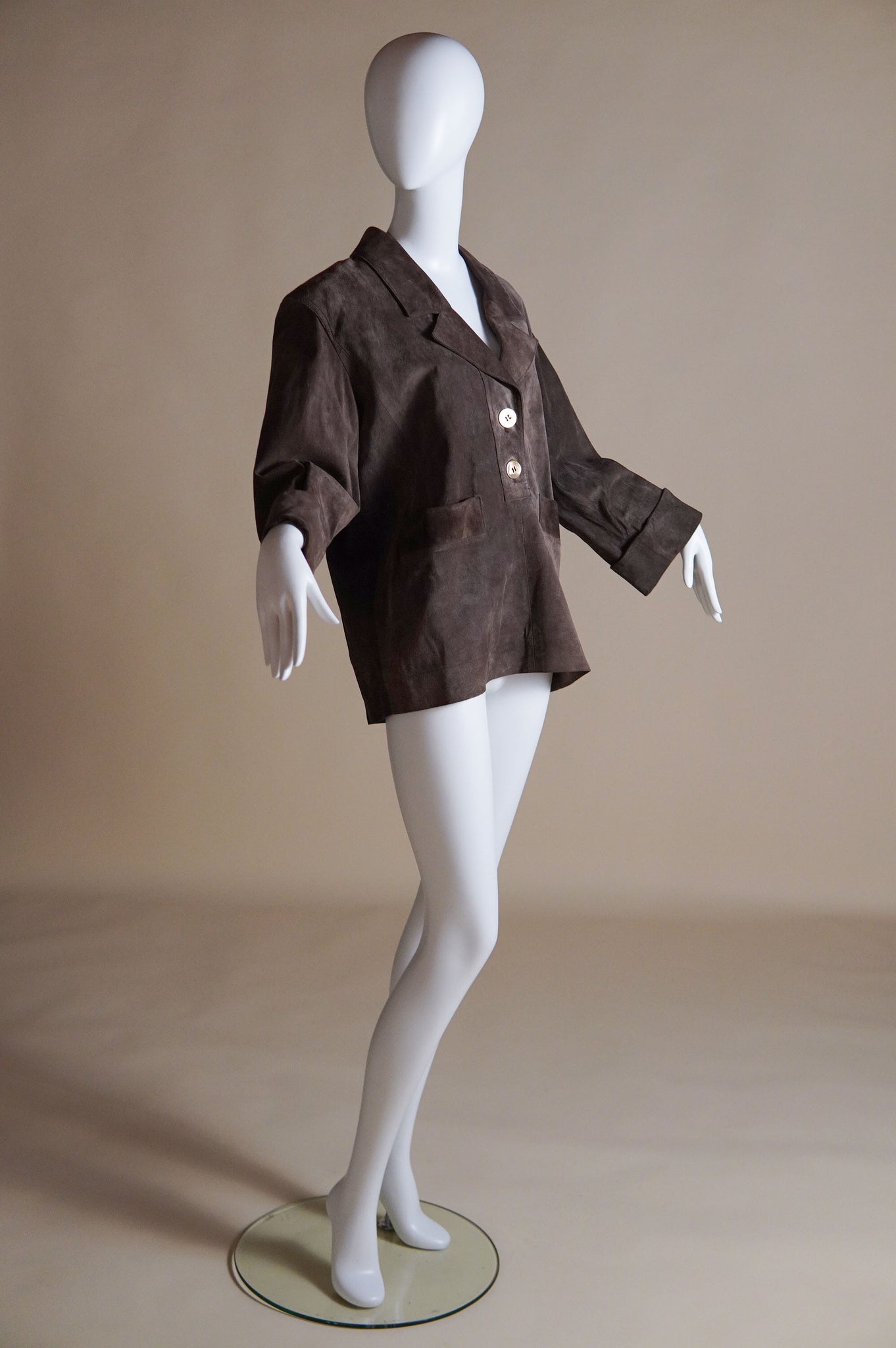 S/S 1989 Yves Saint Laurent Rive Gauche brown suede pullover with shiny gold buttons - XS/S/M