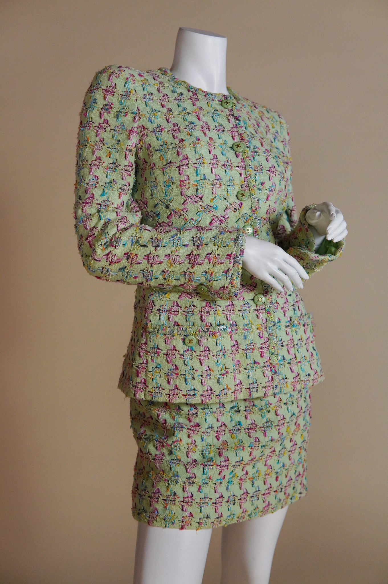 S/S 1995 Chanel 'Barbie Collection' runway mint green tweed suit with jacket and mini skirt - S/M