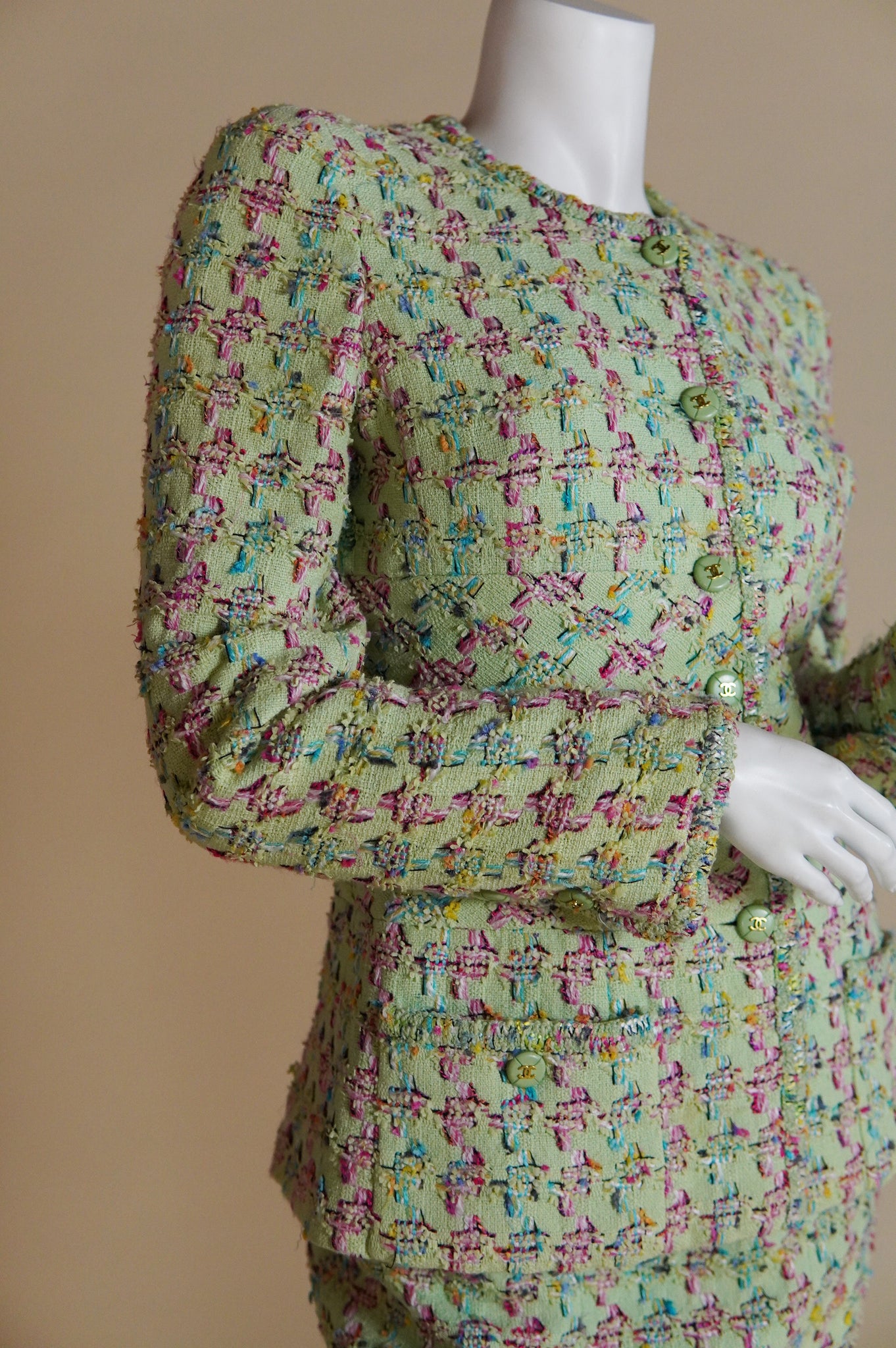 S/S 1995 Chanel 'Barbie Collection' runway mint green tweed suit with jacket and mini skirt - S/M