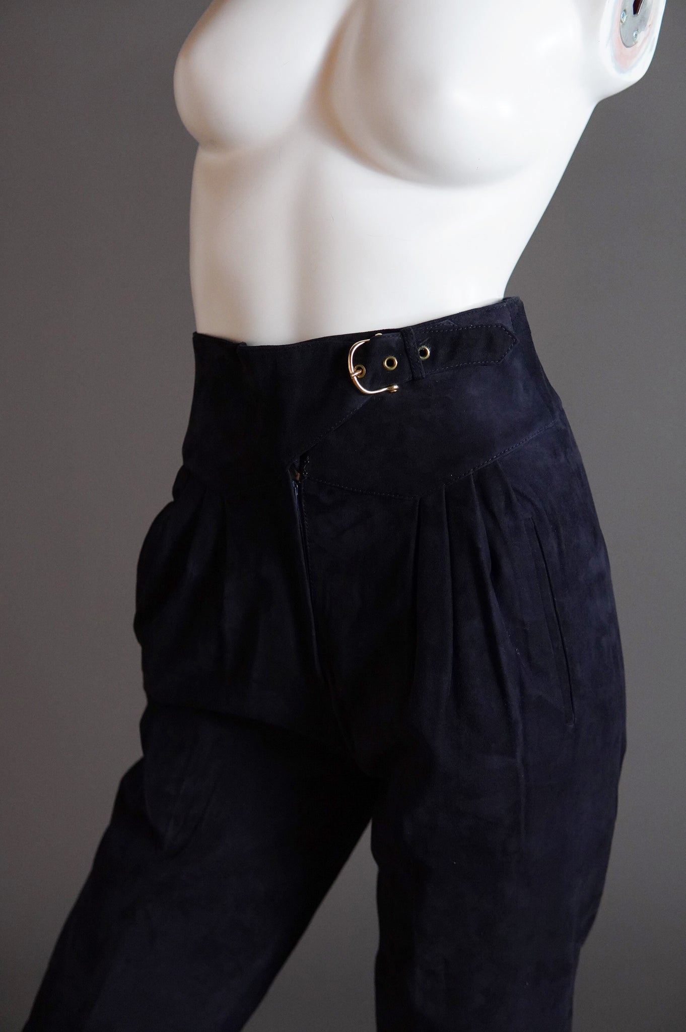 1970s/80s Céline suede pants in navy with gold hardware - XXS/XS