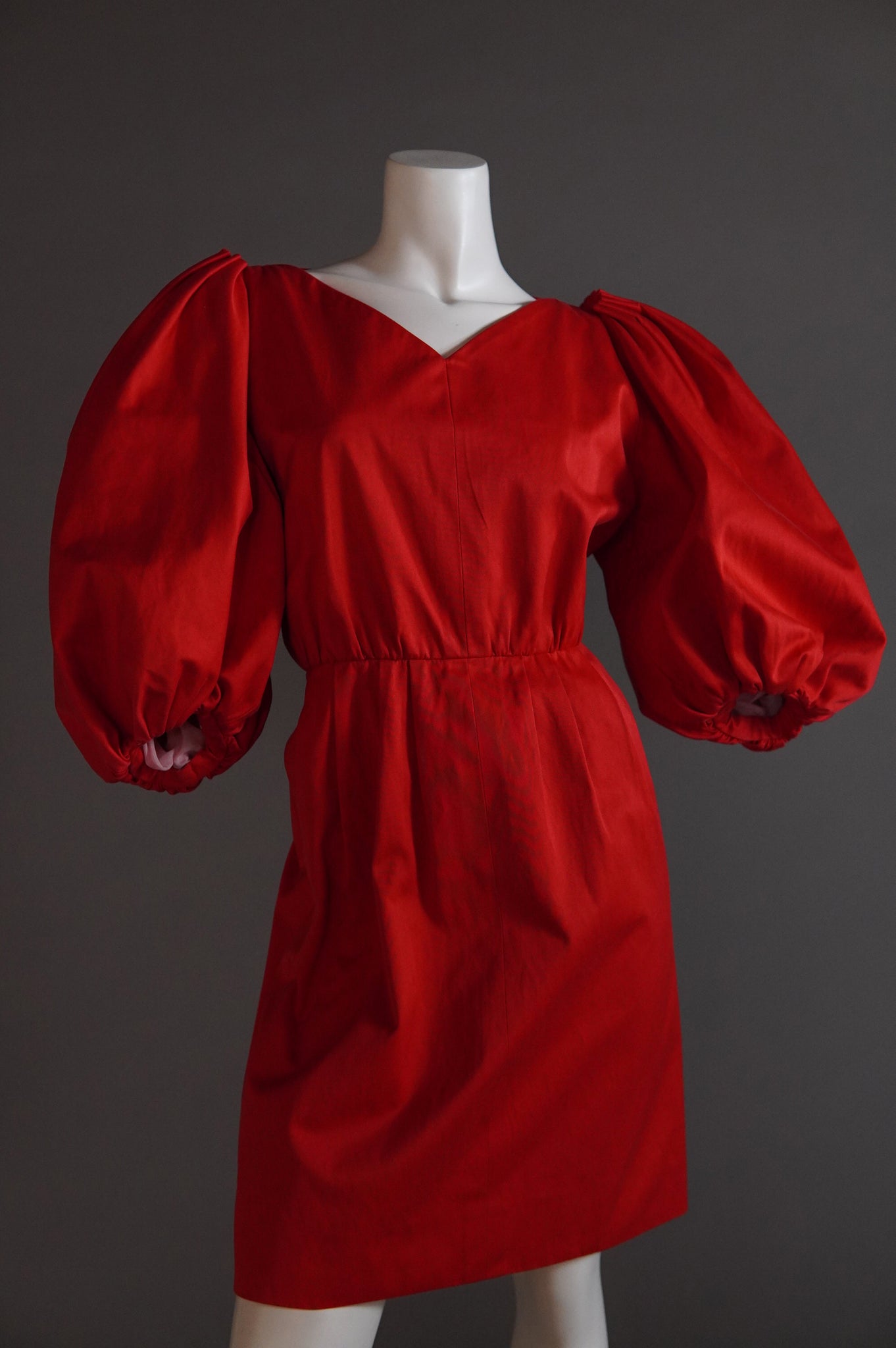 S/S 1989 Yves Saint Laurent Rive Gauche runway red dress with exaggerated puff sleeves - M