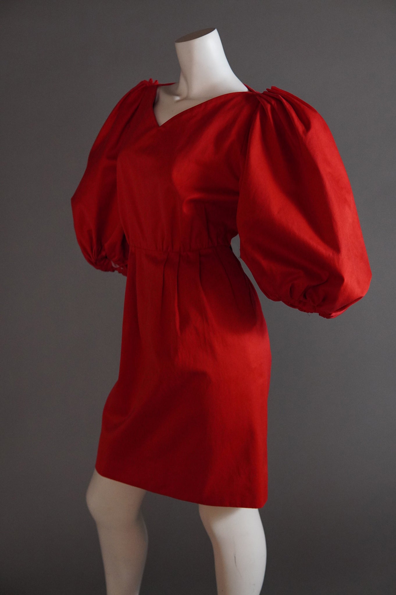 S/S 1989 Yves Saint Laurent Rive Gauche runway red dress with exaggerated puff sleeves - M