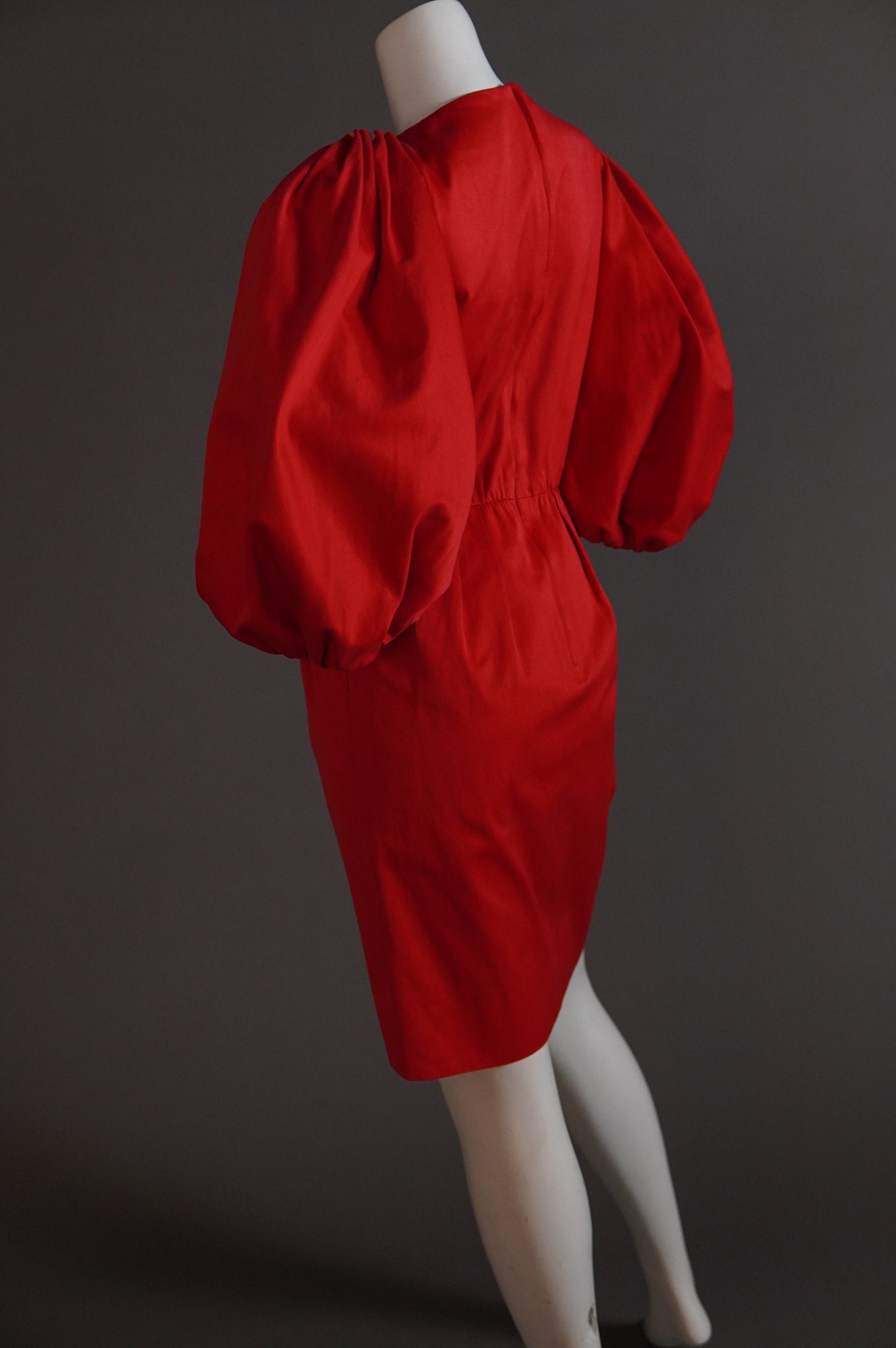 S/S 1989 Yves Saint Laurent Rive Gauche runway red dress with exaggerated puff sleeves - M