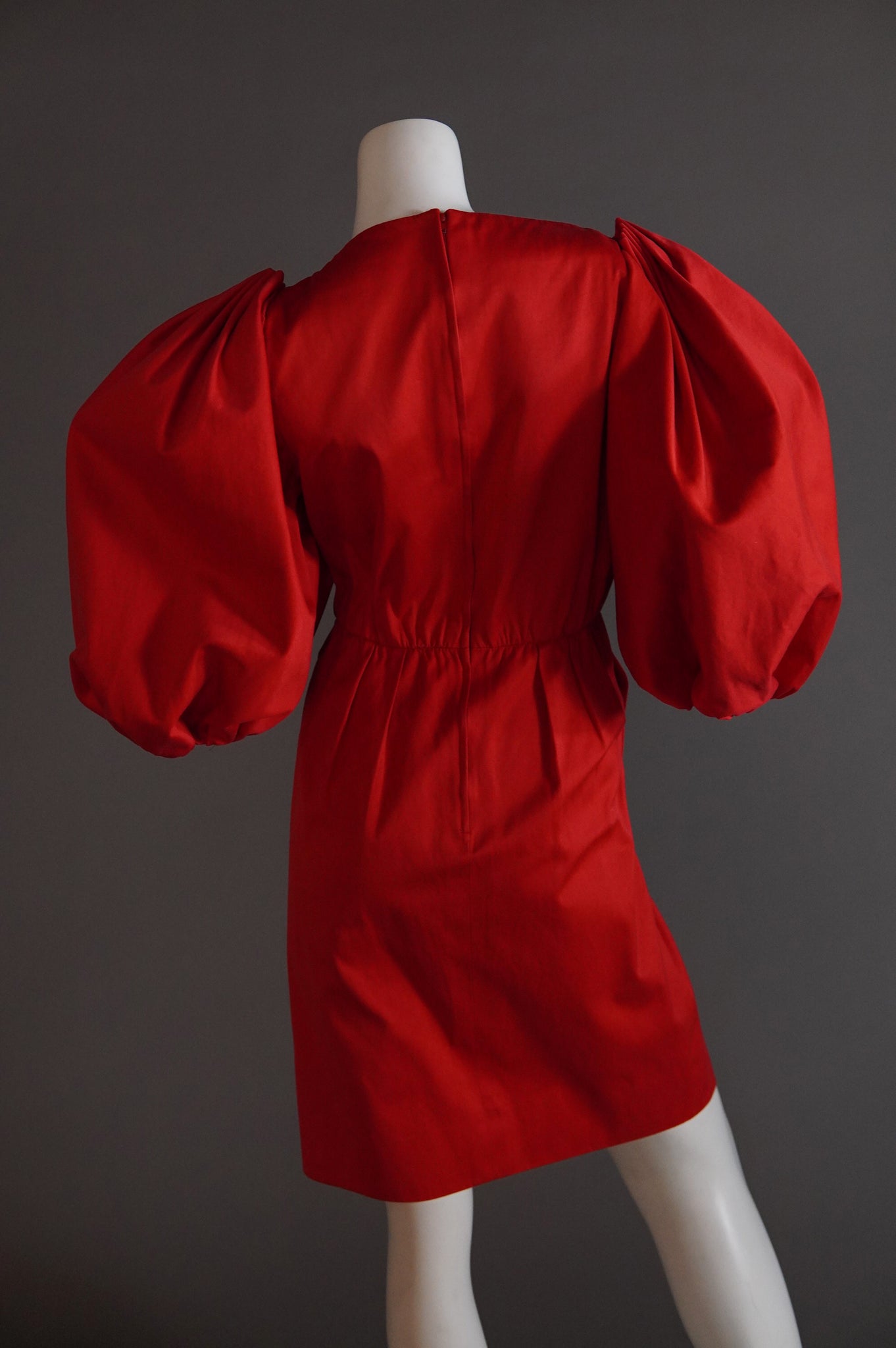 S/S 1989 Yves Saint Laurent Rive Gauche runway red dress with exaggerated puff sleeves - M