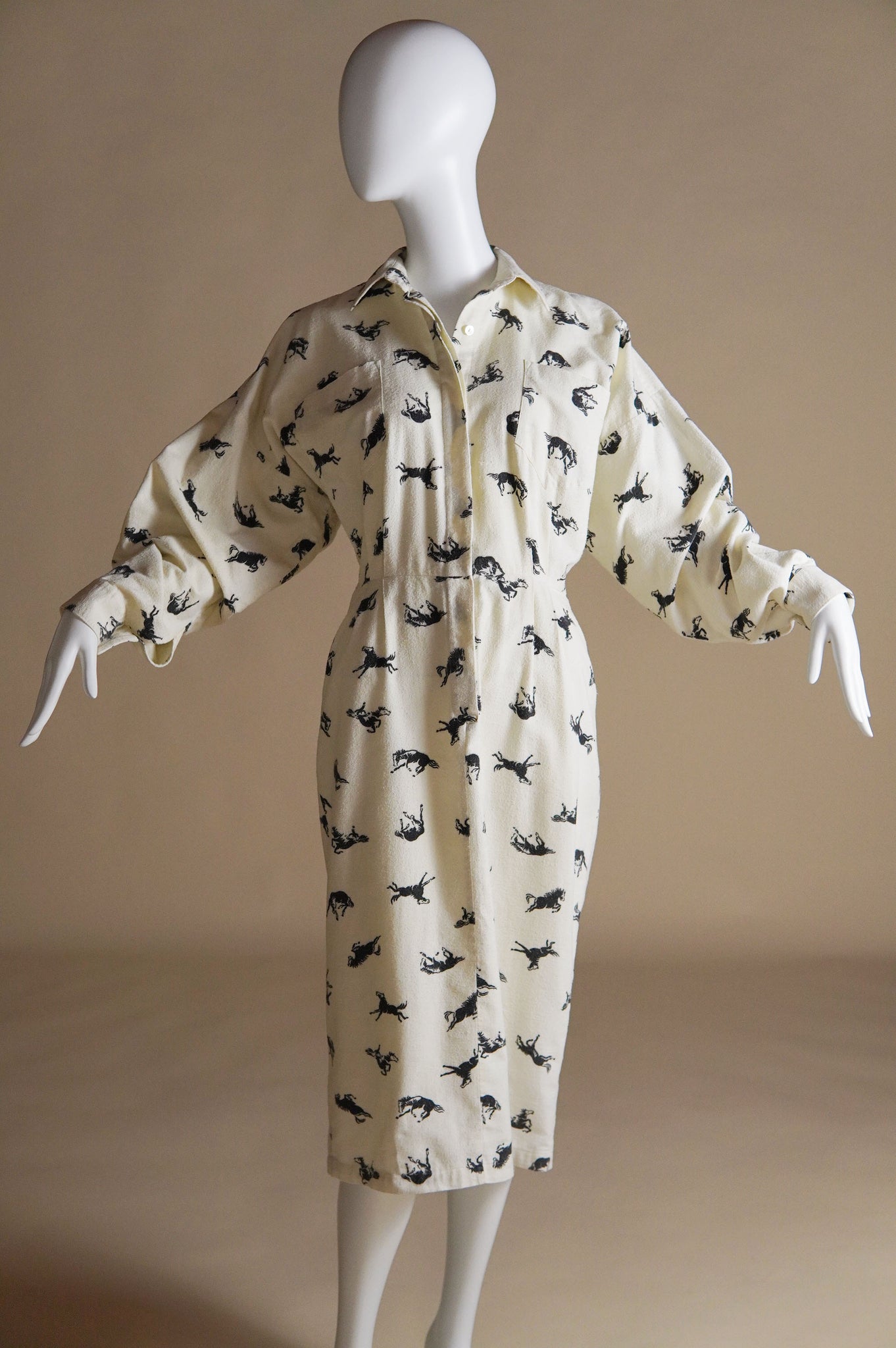 1980s Norma Kamali flannel cream dress with black horse pattern - S/M
