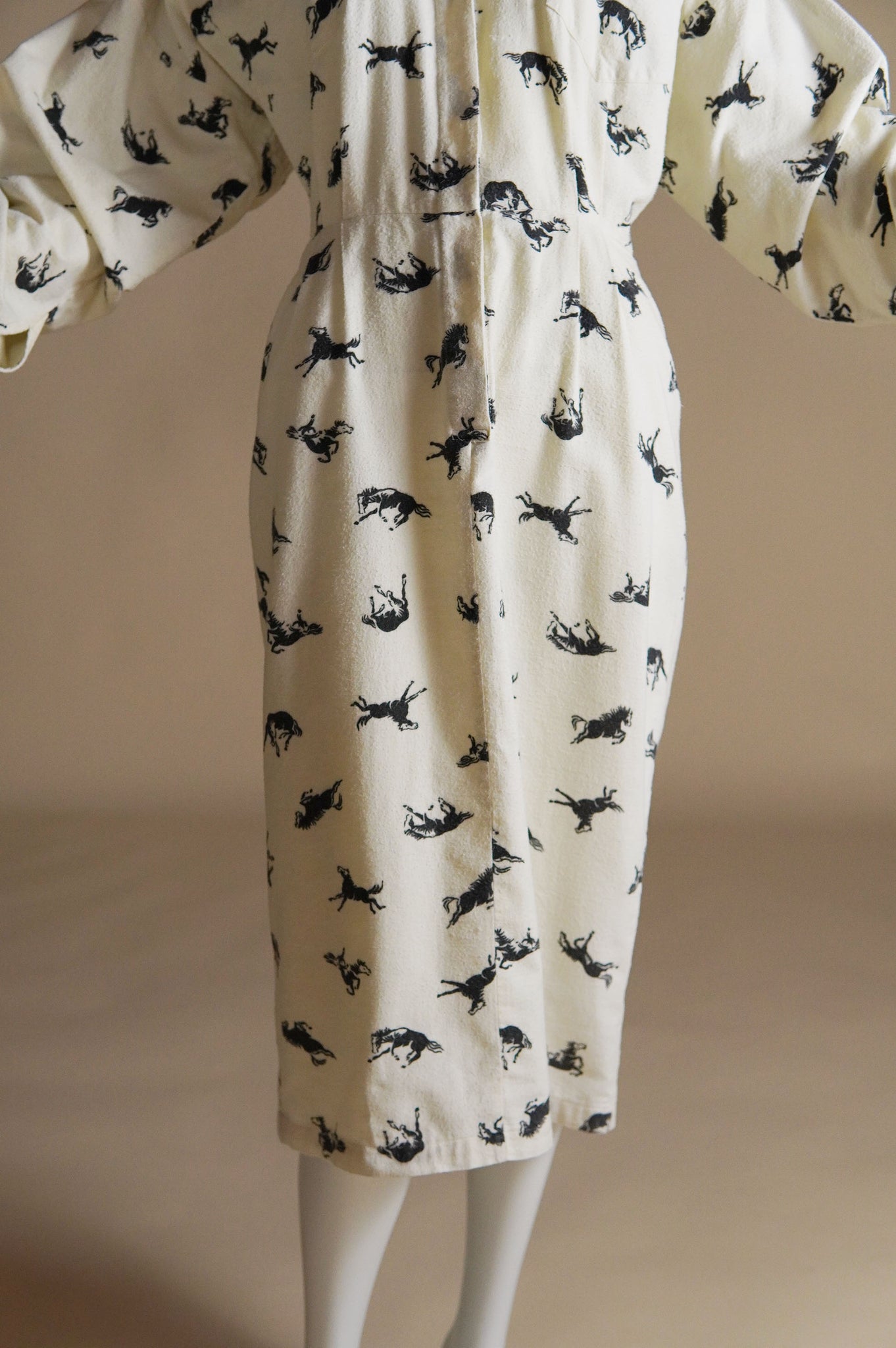 1980s Norma Kamali flannel cream dress with black horse pattern - S/M